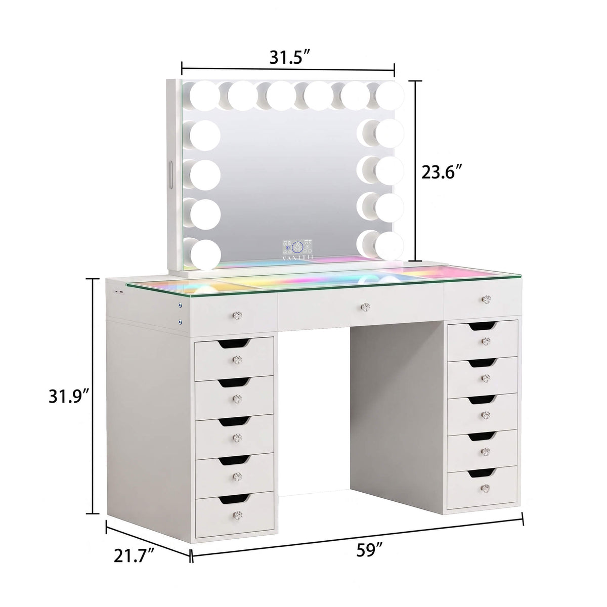 VANITII Eva-RGB Vanity Desk Set Including Marilyn Hollywood Vanity Mirror Pro with Jewelry Organizer