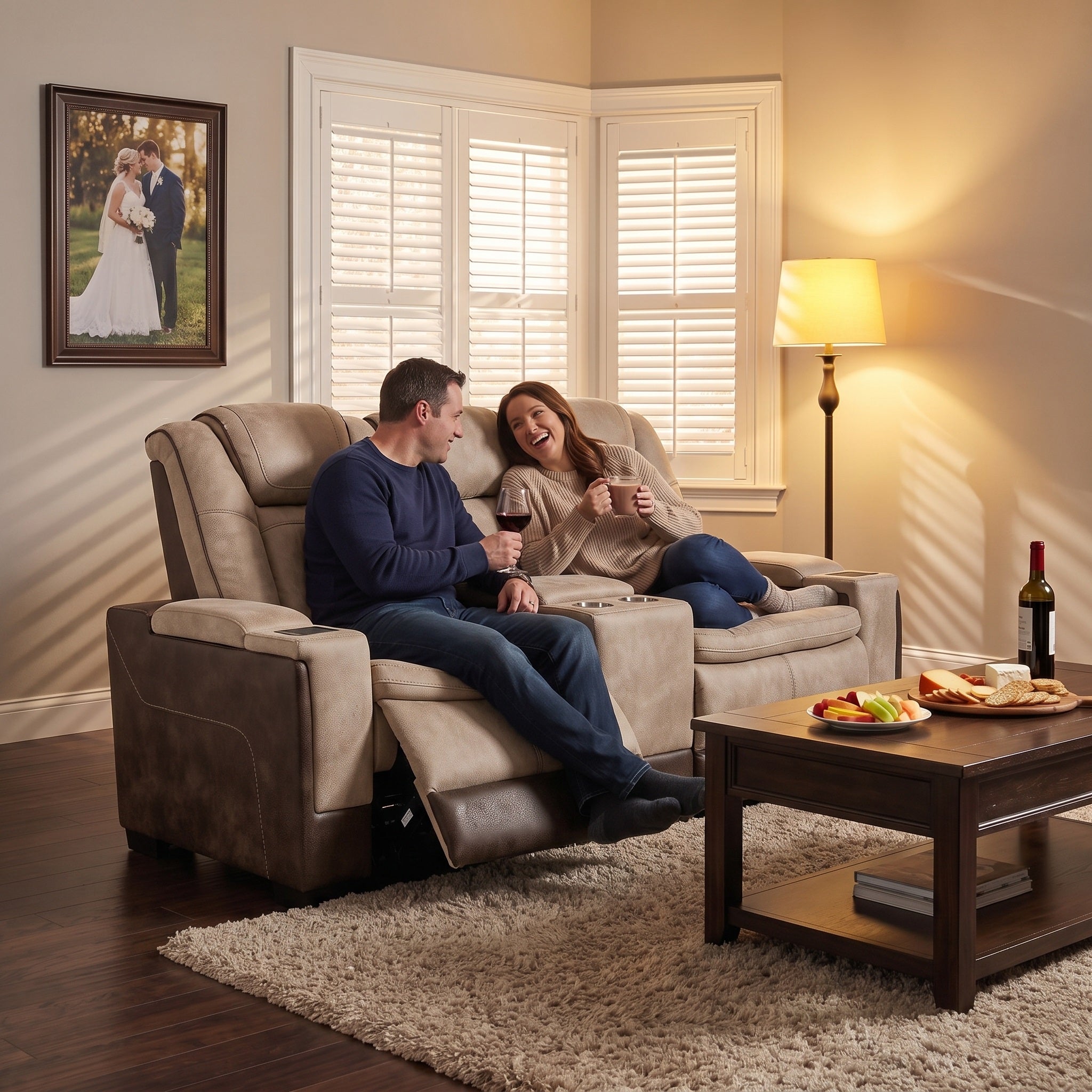 A man and a woman relax in a power recliner loveseat in a cozy, warmly lit living room. The man holds a glass of red wine, and a coffee table with food and a wine bottle sits in the foreground.