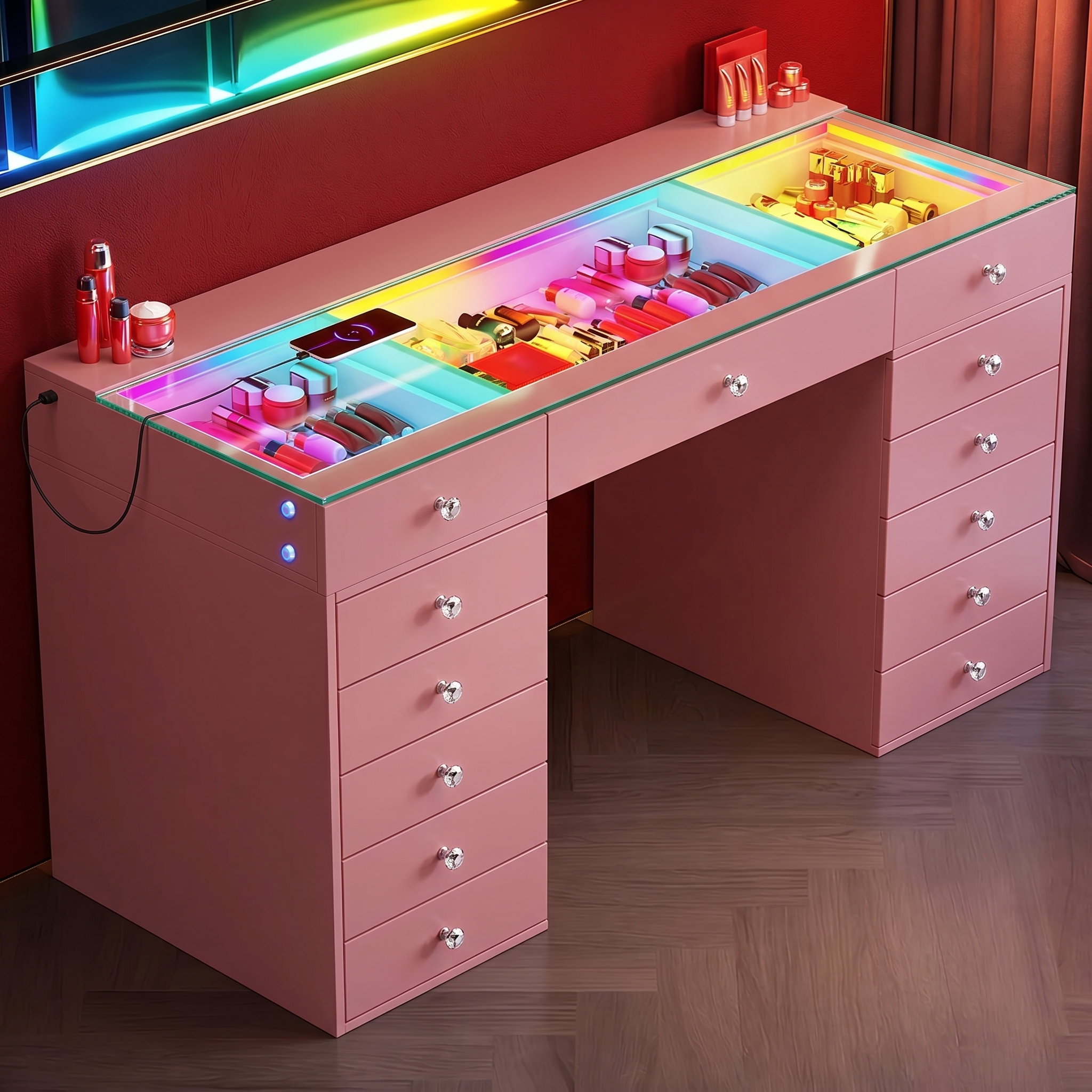 Promotion Deal! VANITII Eva-RGB Vanity Desk with 13 Storage Drawers(VNT-EVA(IVY-TOP)-RGB-WHT-A)