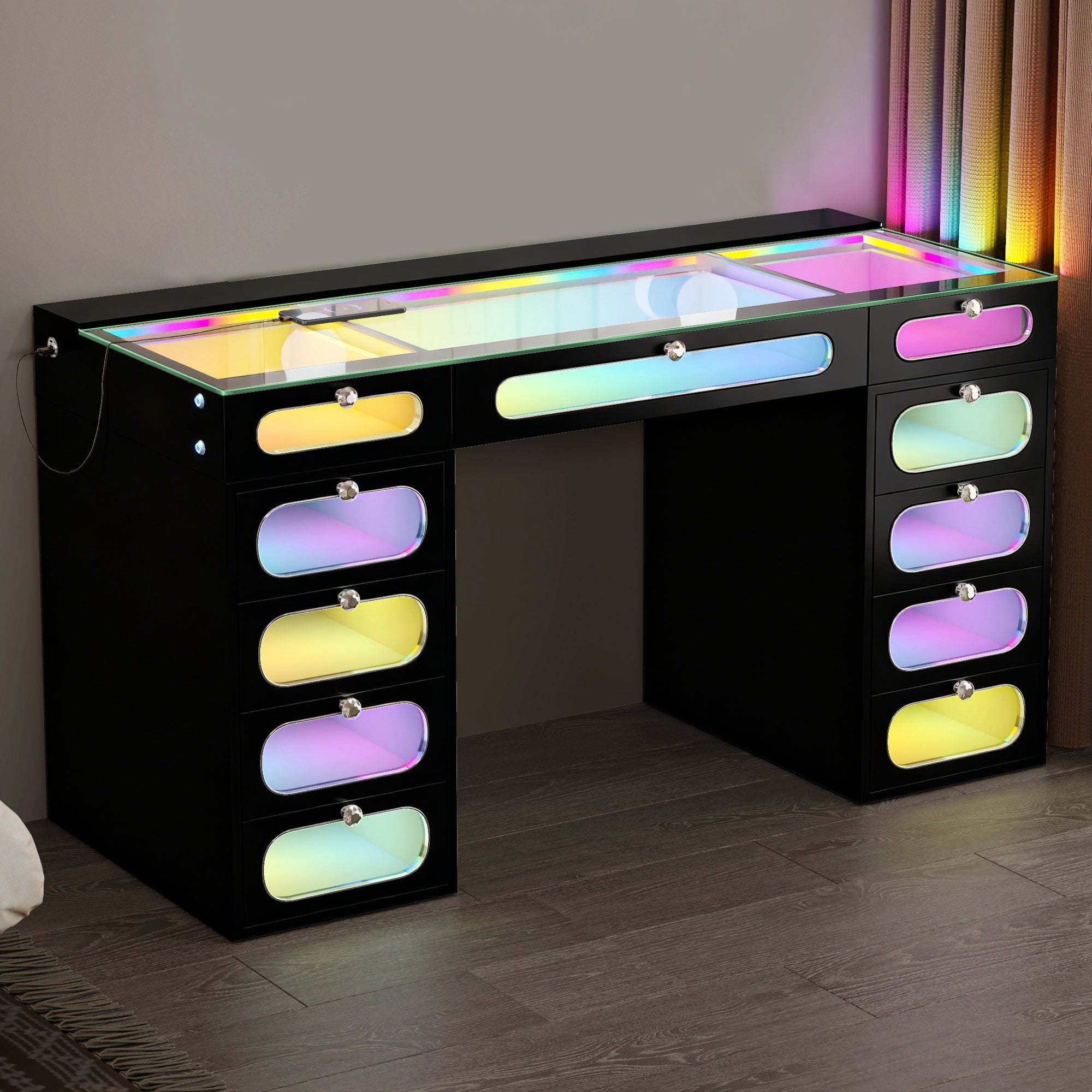 New Release ! VANITII Priscilla Vanity Desk-11 Glass Fronted Drawers with Crystal Handles