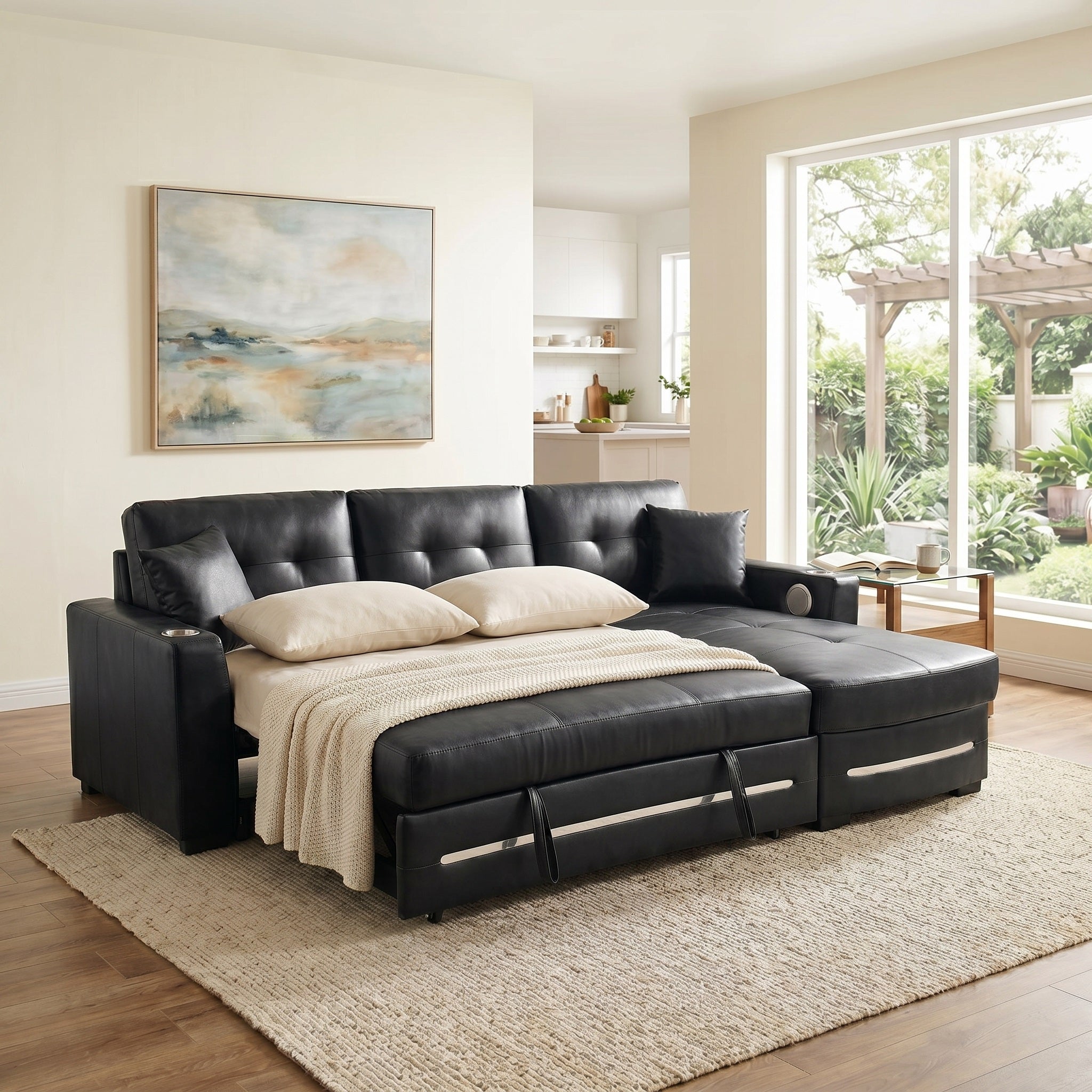 Modern L-Shaped Sectional Sofa Bed with Storage & Pull-Out Bed – Black Fabric Right Chaise