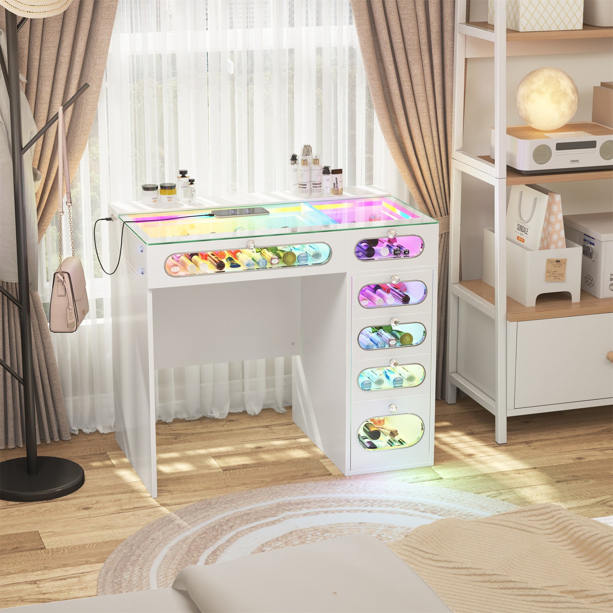 New Release ! VANITII 6 Glass Fronted Drawers Vanity Desk