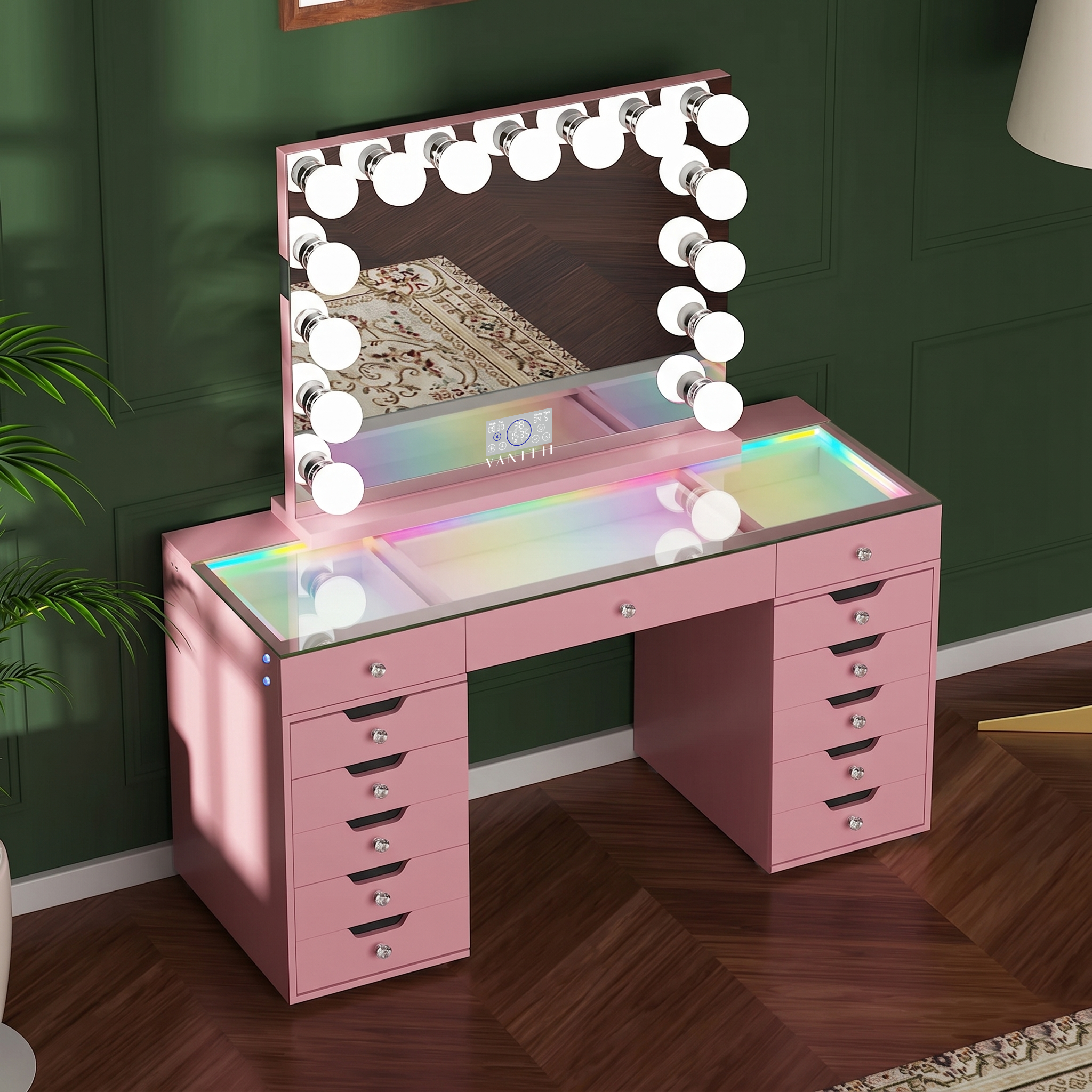 Promotion Deal! VANITII Eva-RGB Vanity Desk Set with 13 Storage Drawers and 15 Bulbs Light Mirror(EVA(IVY-TOP)-RGB+10080BT-WHT)
