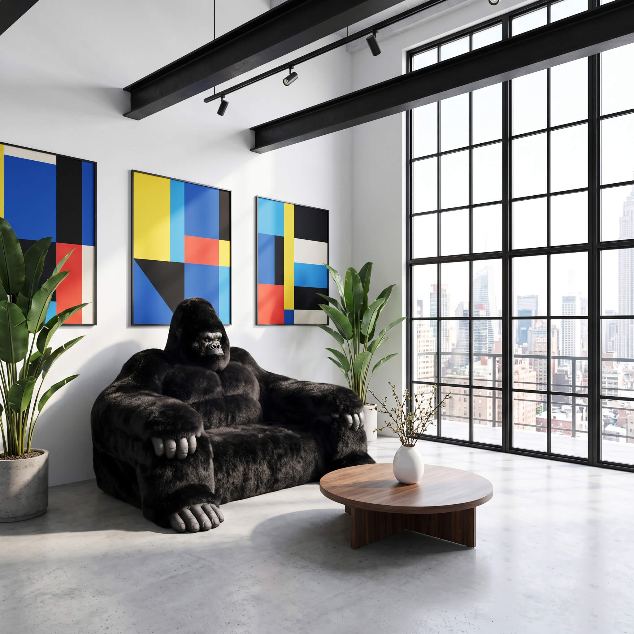 Oversized gorilla sofa adds personality and a playful touch to modern living room.