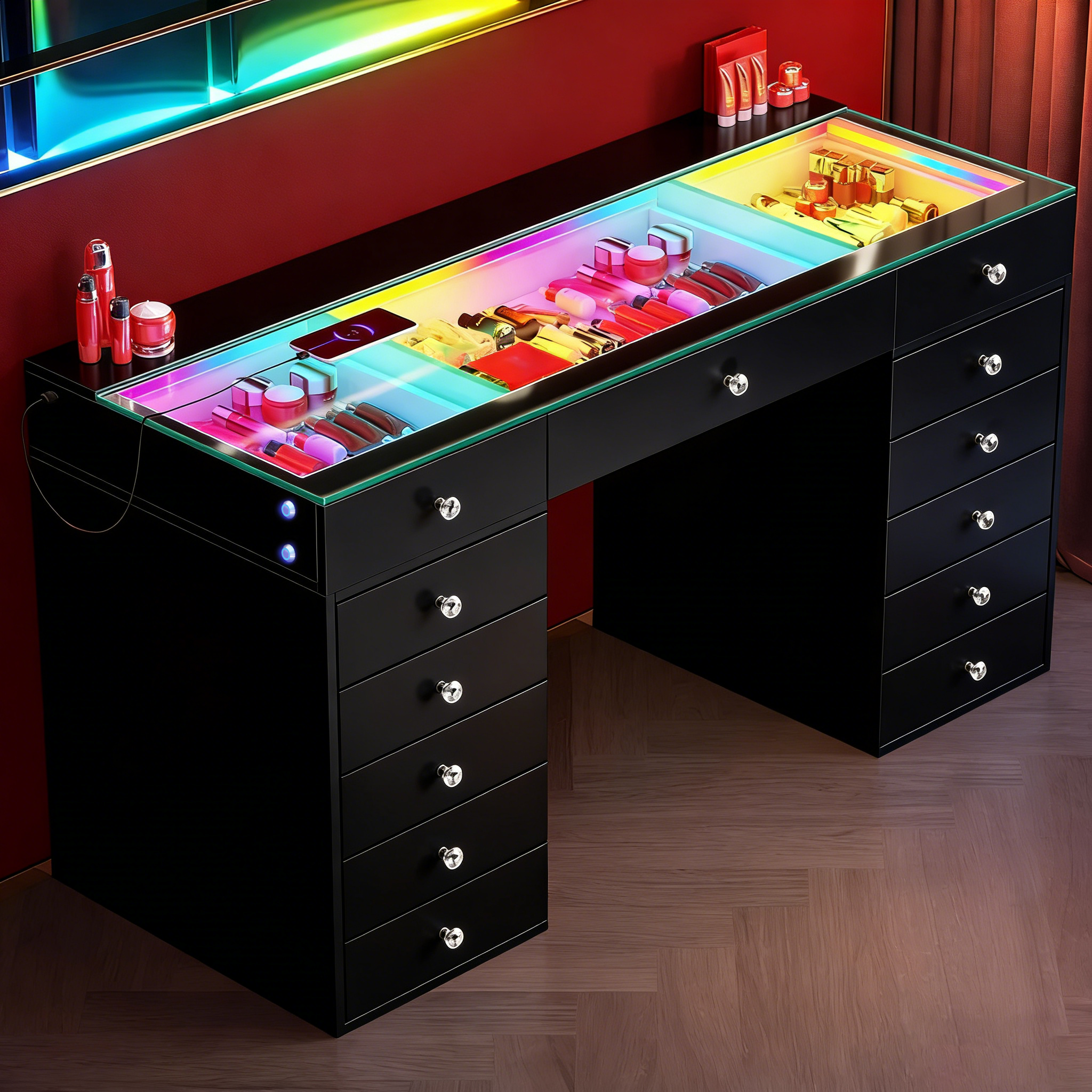 Promotion Deal! VANITII Eva-RGB Vanity Desk with 13 Storage Drawers(VNT-EVA(IVY-TOP)-RGB-WHT-A)