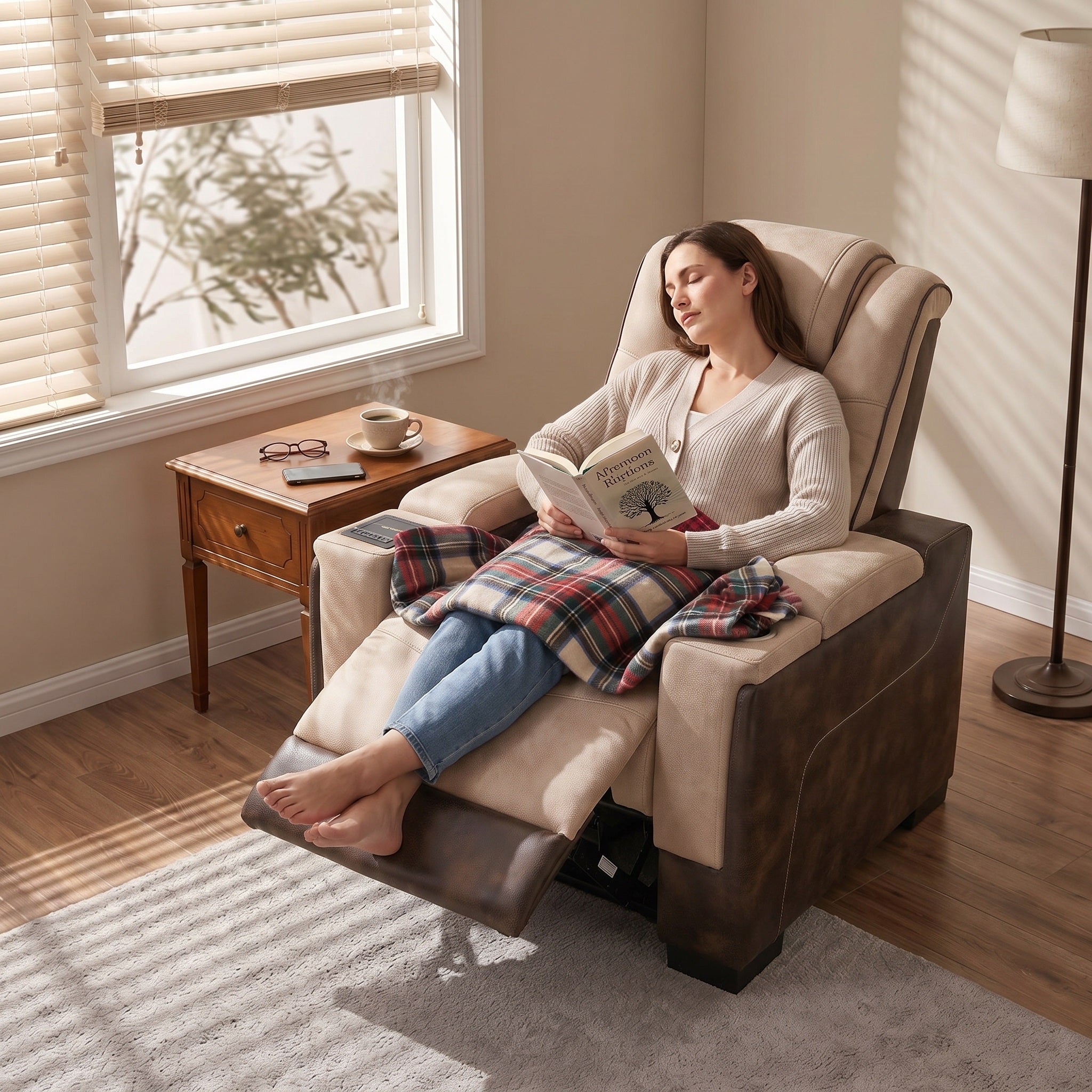 A woman is resting in the living room, using the adjustable backrest and footrest of the Charlie Brown Power Recliner Chair, with a blanket covering her.