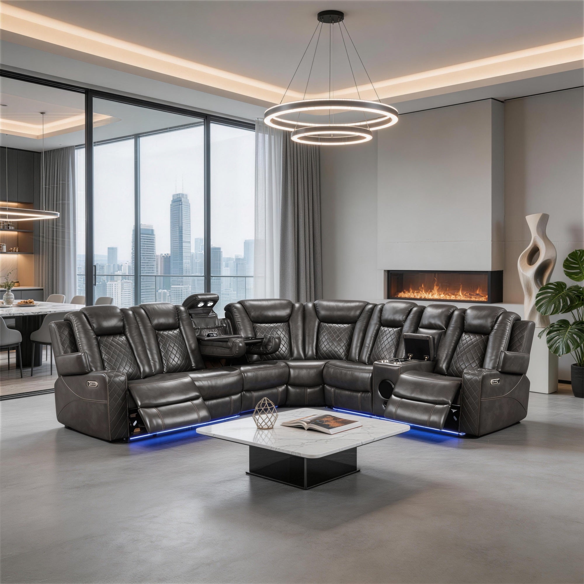 Gray Alice Power Recliner Sectional is placed in the living room,being both beautiful and practical.