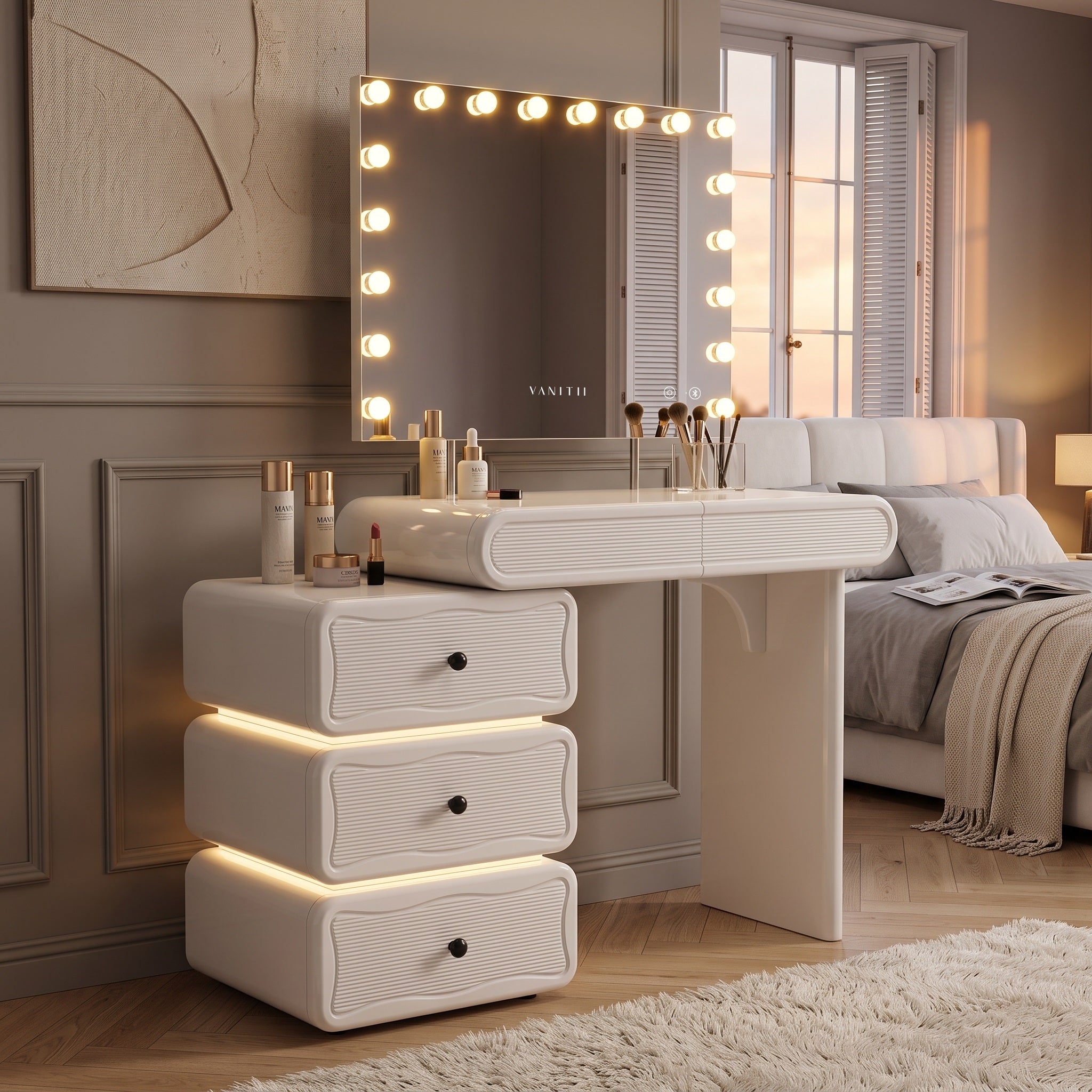 VANATII Jenny Vanity Desk Set With Movable Drawers & 18 LED Bulbs Mirror