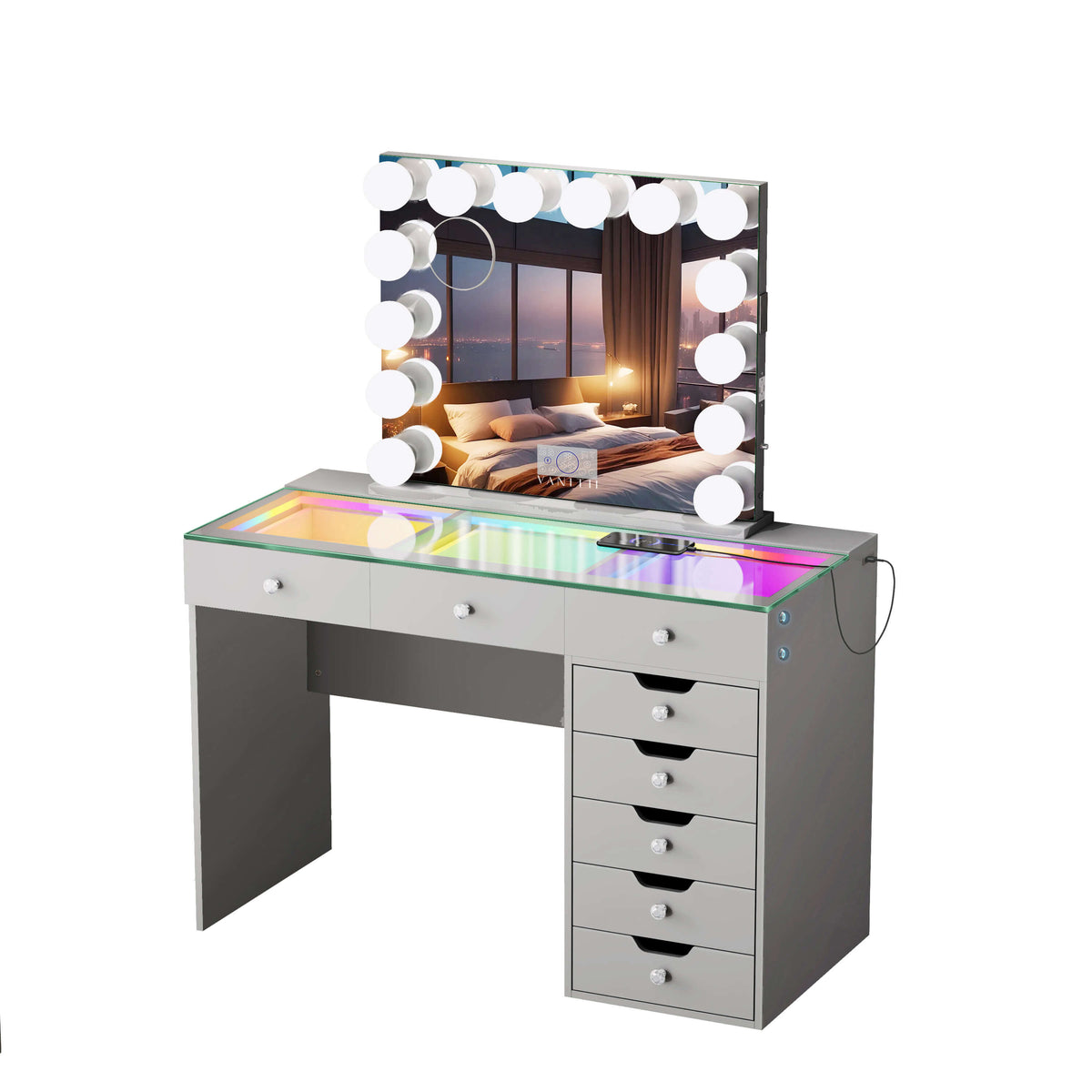 VANITII Diana Vanity Desk Set- 8 Storage Drawers with Vanity Mirror