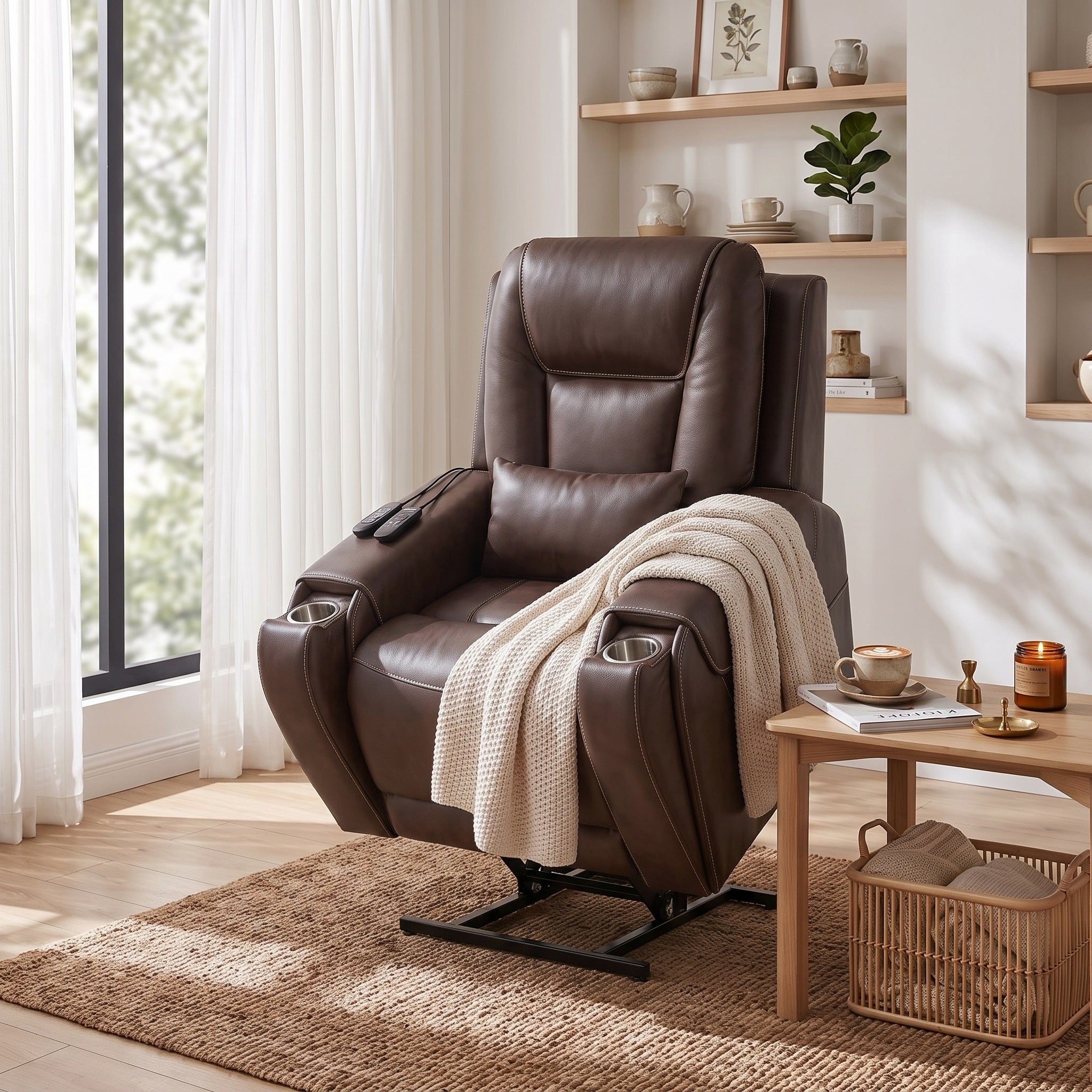 The base of the brown electric power lift recliner chair can be adjusted to a comfortable height.