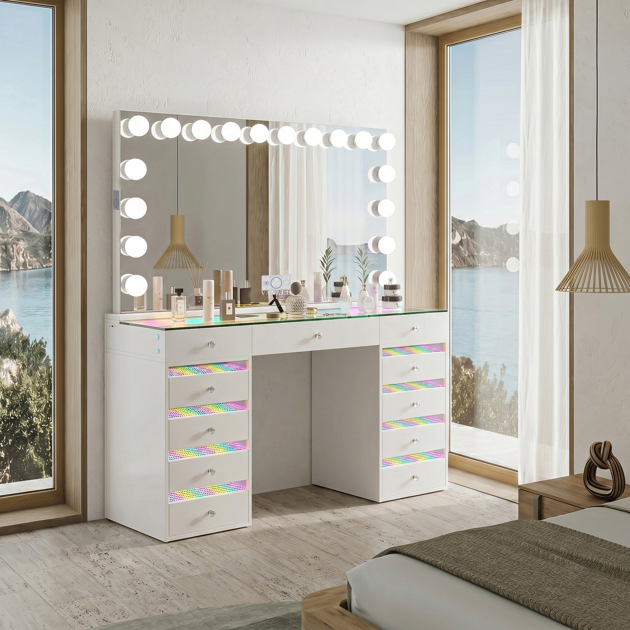 VANITII Fenair Bedroom Vanity Set with 11 Drawers & 18 Bulbs Mirror