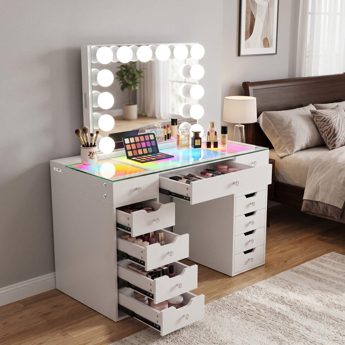 VANITII Eva-RGB Vanity Desk Set Including Marilyn Hollywood Vanity Mirror Pro with Jewelry Organizer