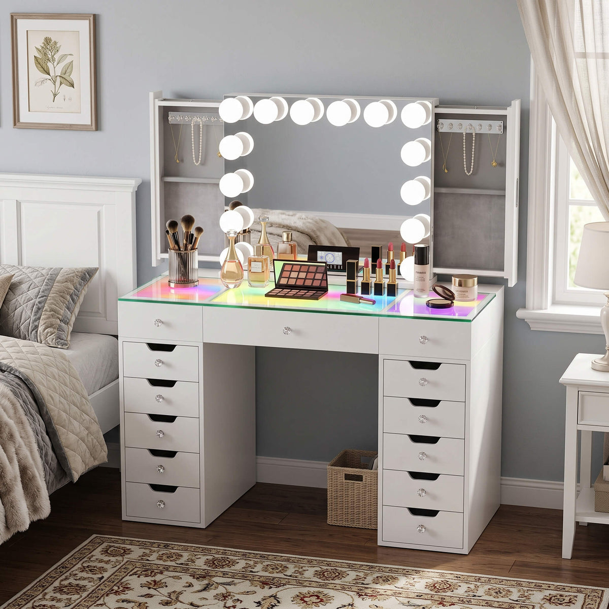 VANITII Eva-RGB Vanity Desk Set Including Marilyn Hollywood Vanity Mirror Pro with Jewelry Organizer