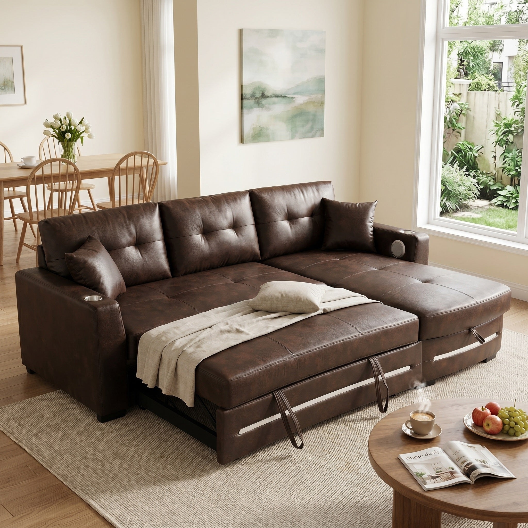 Modern L-Shaped Sectional Sofa Bed with Storage & Pull-Out Bed – Brown Fabric Right Chaise
