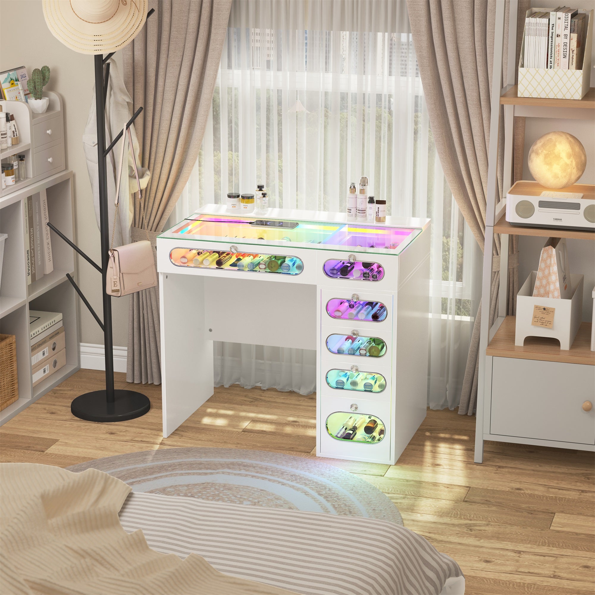 New Release ! VANITII 6 Glass Fronted Drawers Vanity Desk