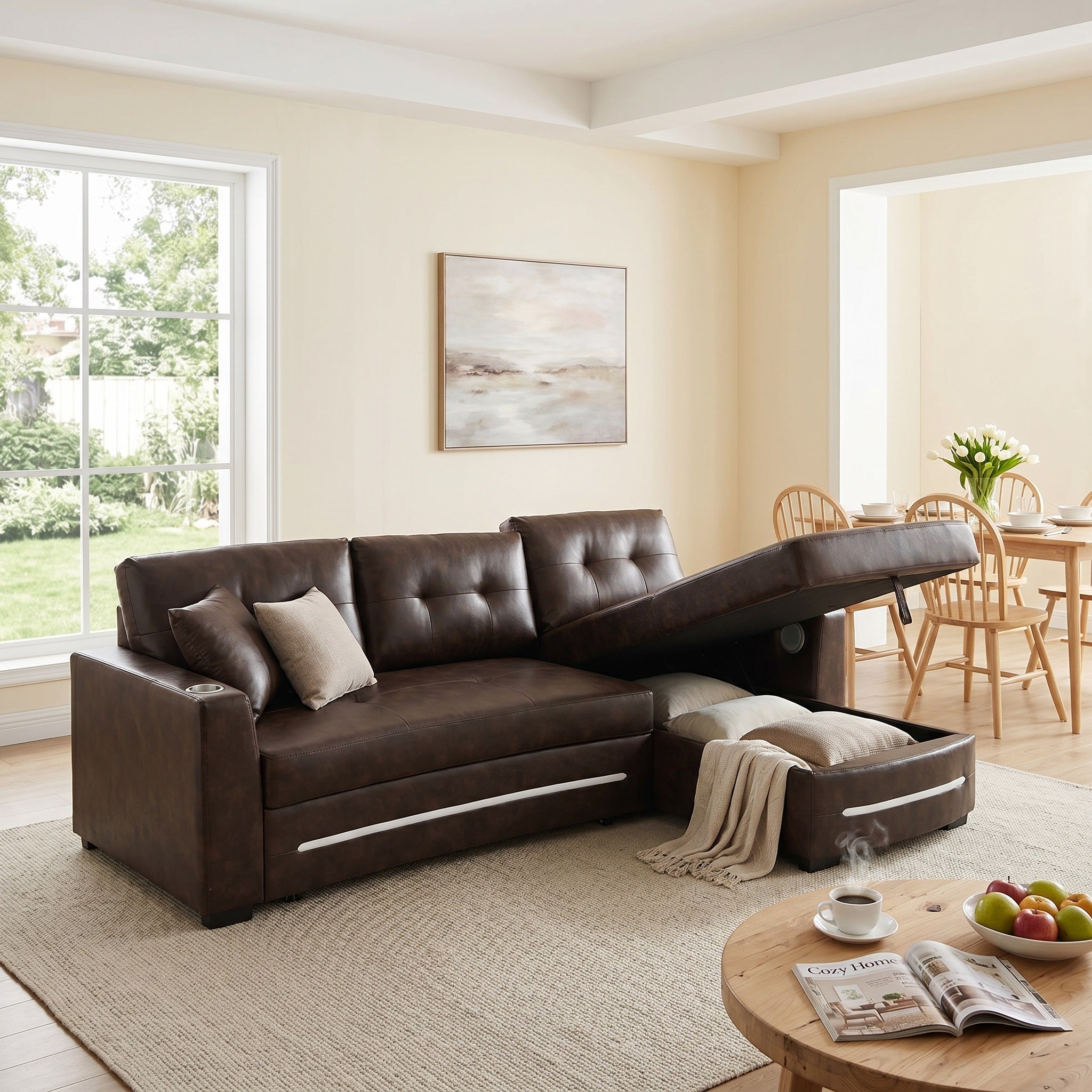 Brown leather RHF sectional sofa bed with hidden storage chaise for bright modern living room