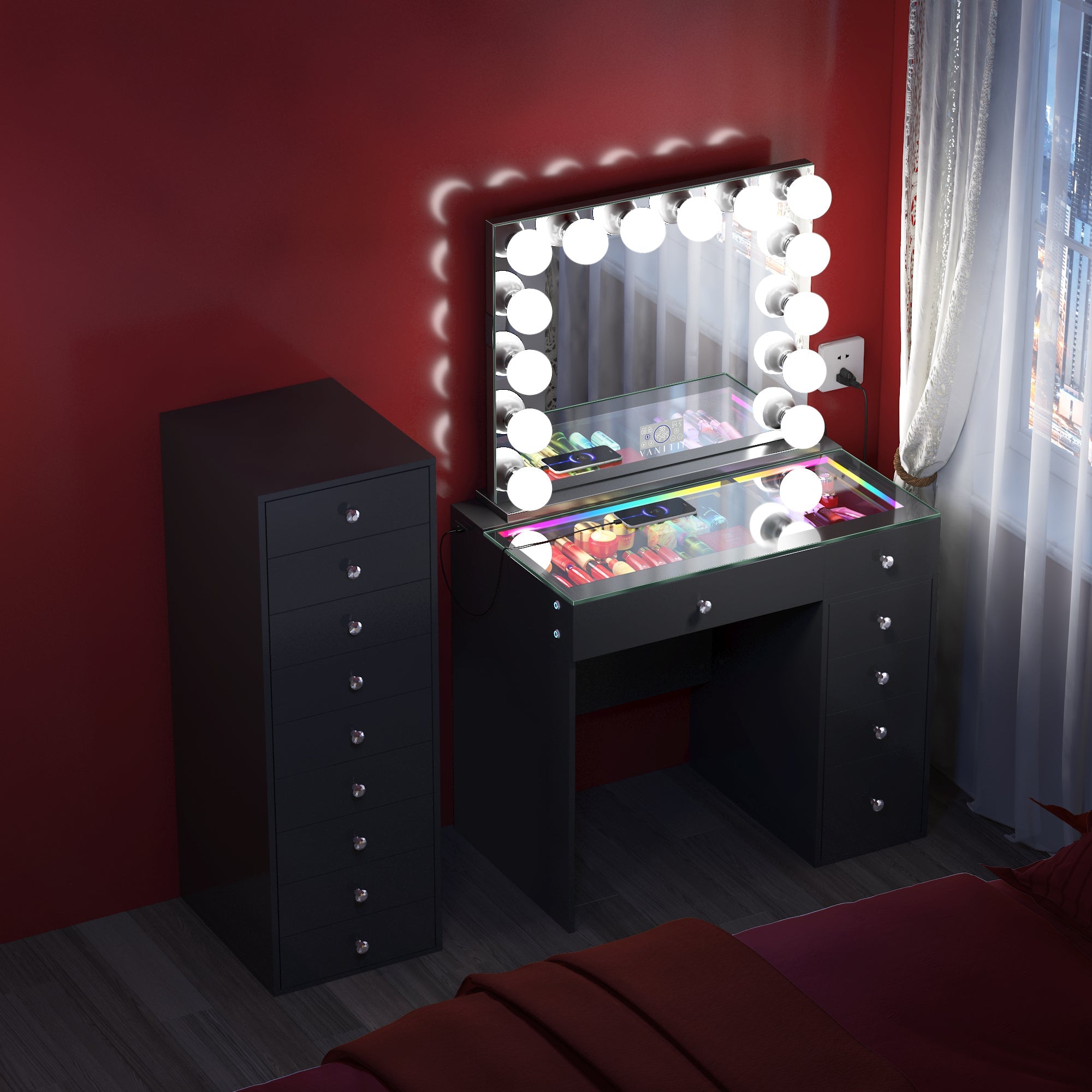 Promotion ! VANITII Mini Diana Vanity Desk with Marilyn Hollywood Vanity Mirror and 9 Drawer Unit (Only sell in California)