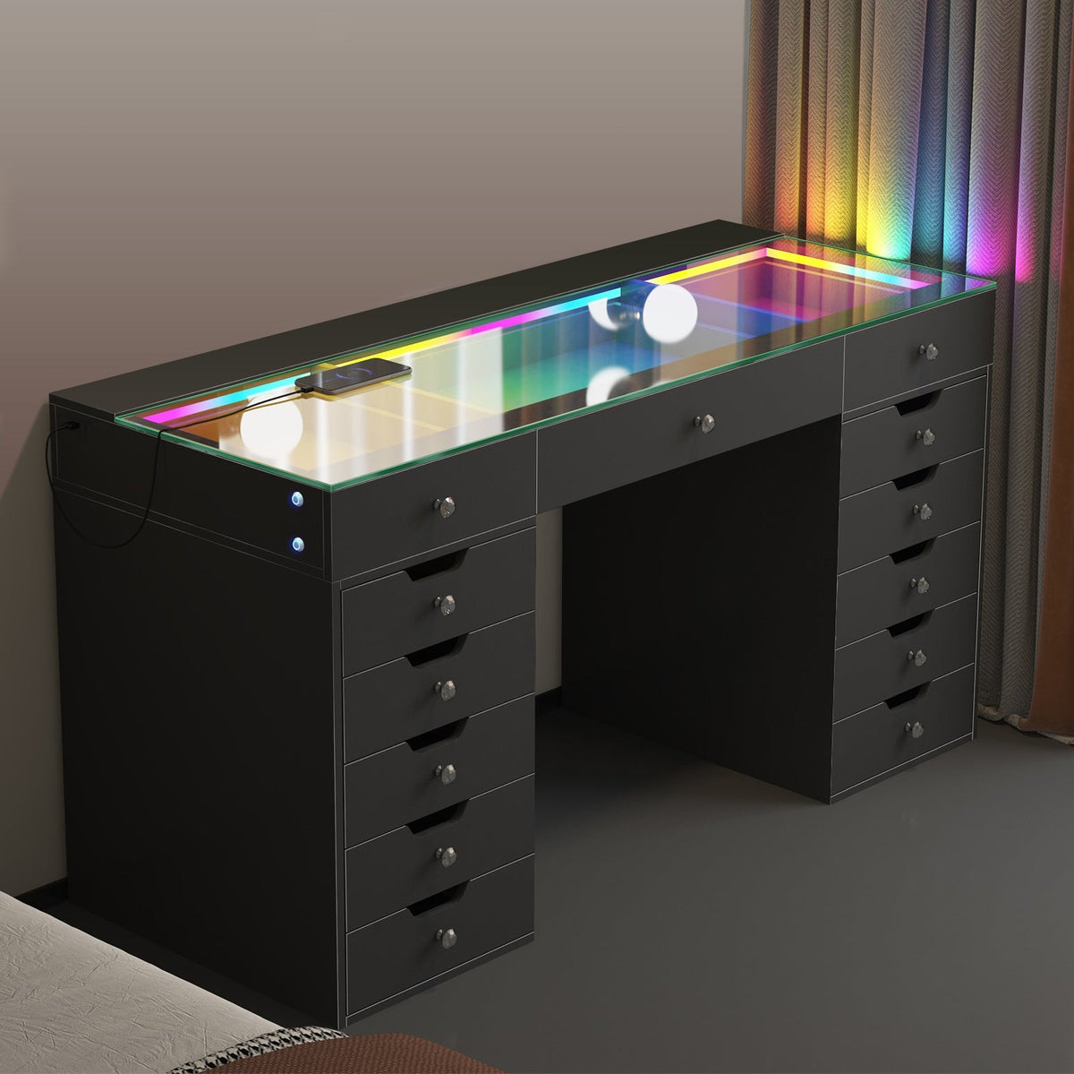 VANITII Eva-RGB Vanity Desk Set with 13 Storage Drawers(VNT-EVA(IVY-TOP)-RGB-WHT)