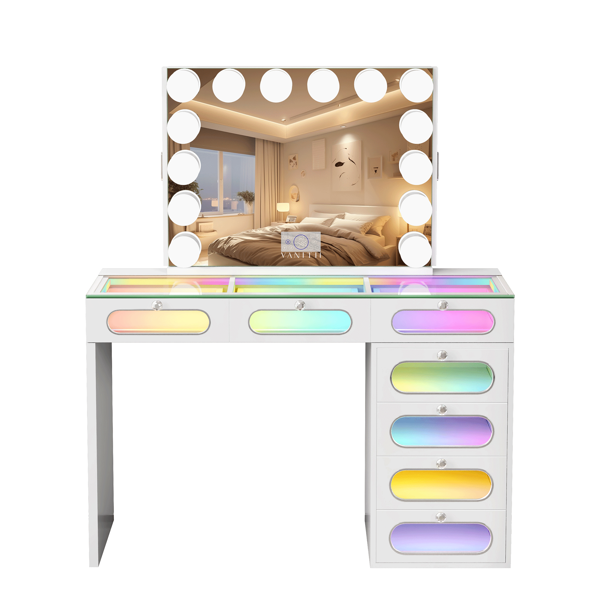VANITII 7 Glass Fronted Drawers with Hollywood Vanity Mirror