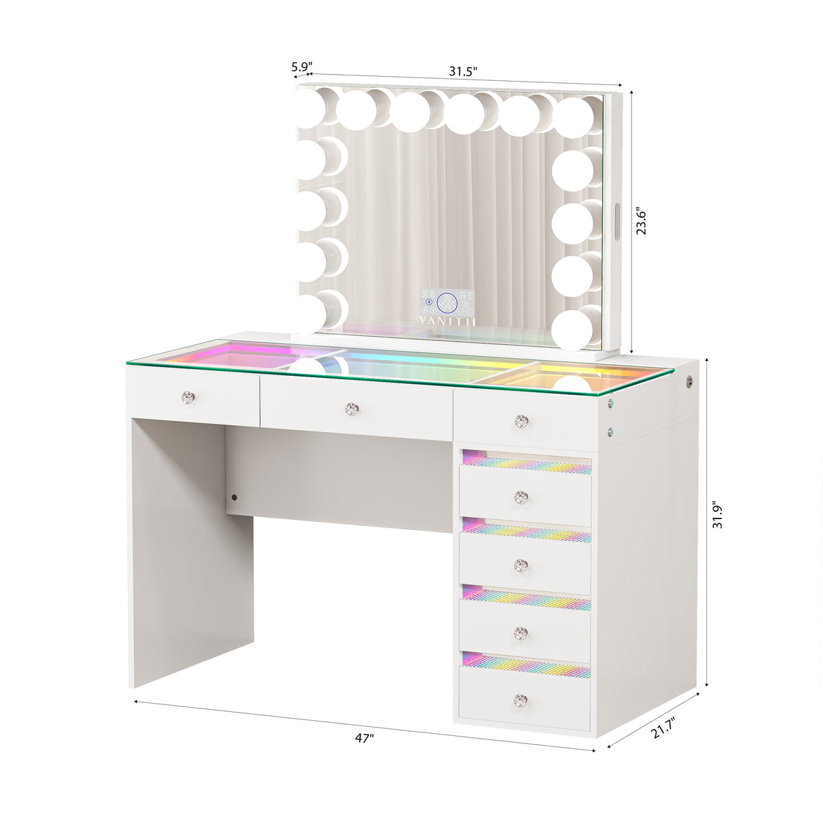 Size of VANITII Fenair 7 Drawers Vanity Desk Set with Hidden Side Jewelry Racks Mirror
