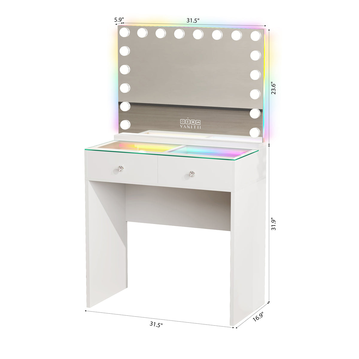 Size of VANITII Scarlet 2 Top Drawers Vanity Desk Set with 18 LED Bulbs Mirror