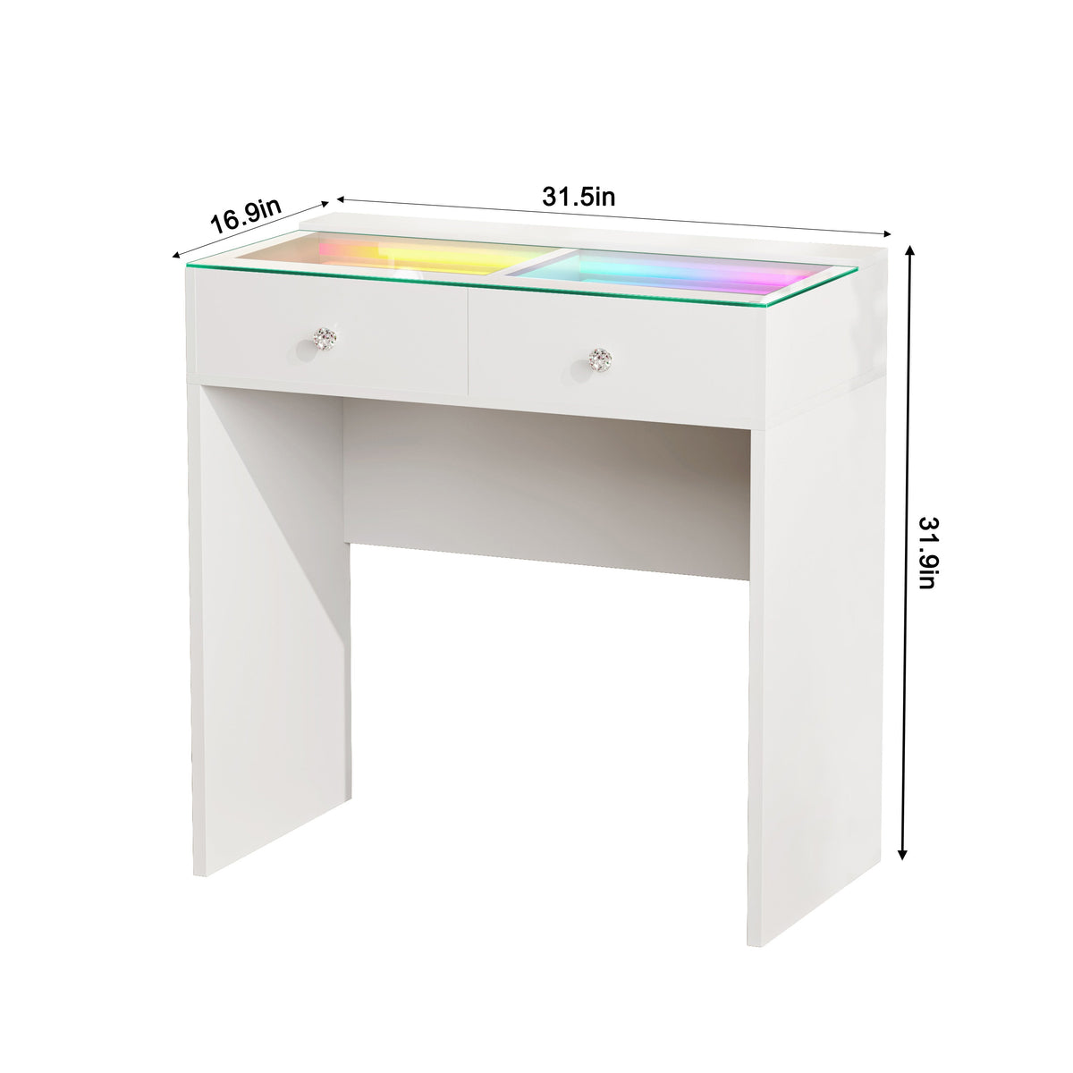Size of the VANITII Scarlet Vanity Desk.It features 2 crystal-knob drawers,USB&Type-C Ports and RGB strip light.
