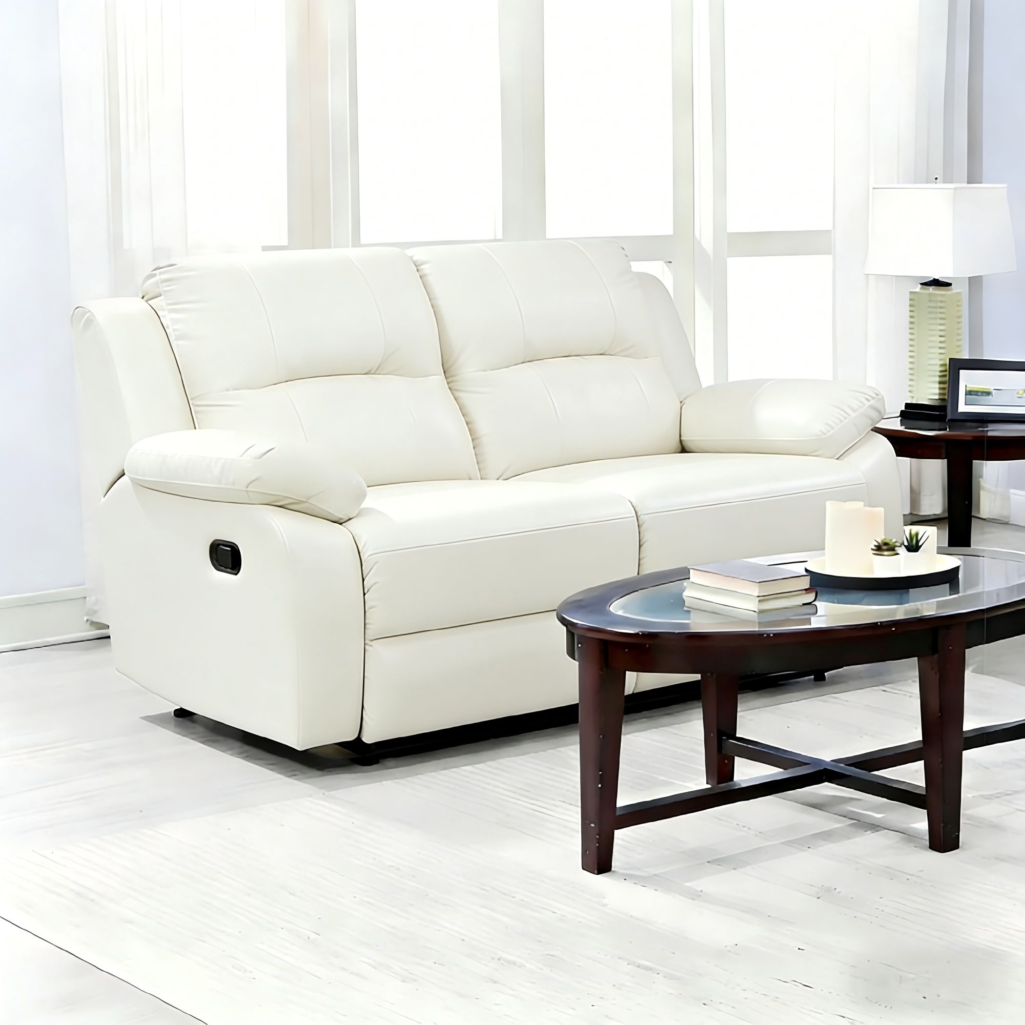 Lume Power Recliner 2-Seater Sofa in Ivory Faux Leather with Hidden Cupholders