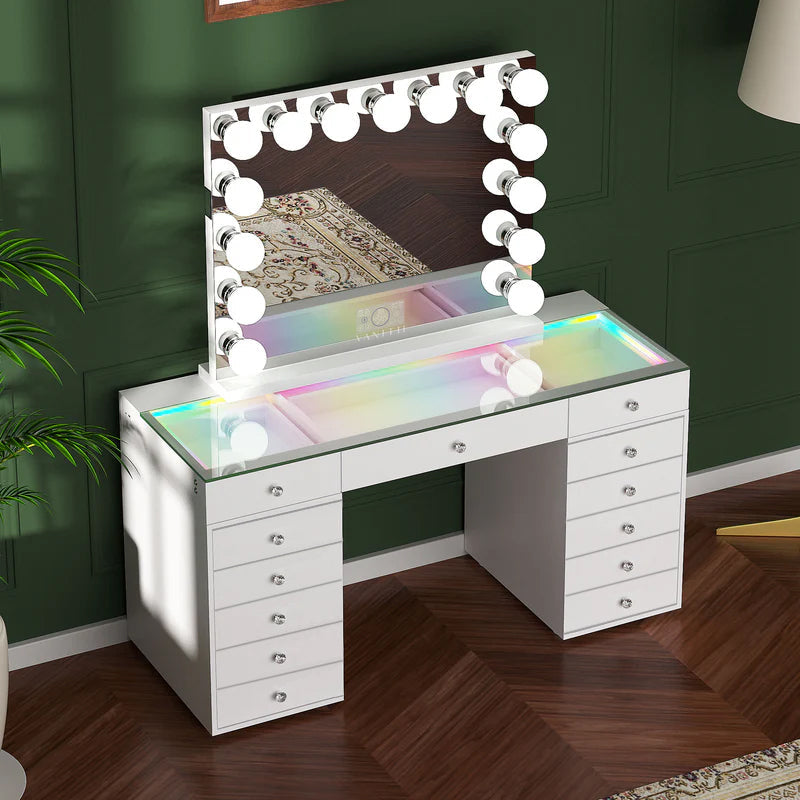 Promotion Deal! VANITII Eva-RGB Vanity Desk Set with 13 Storage Drawers and 15 Bulbs Light Mirror(EVA(IVY-TOP)-RGB+10080BT-WHT-A)