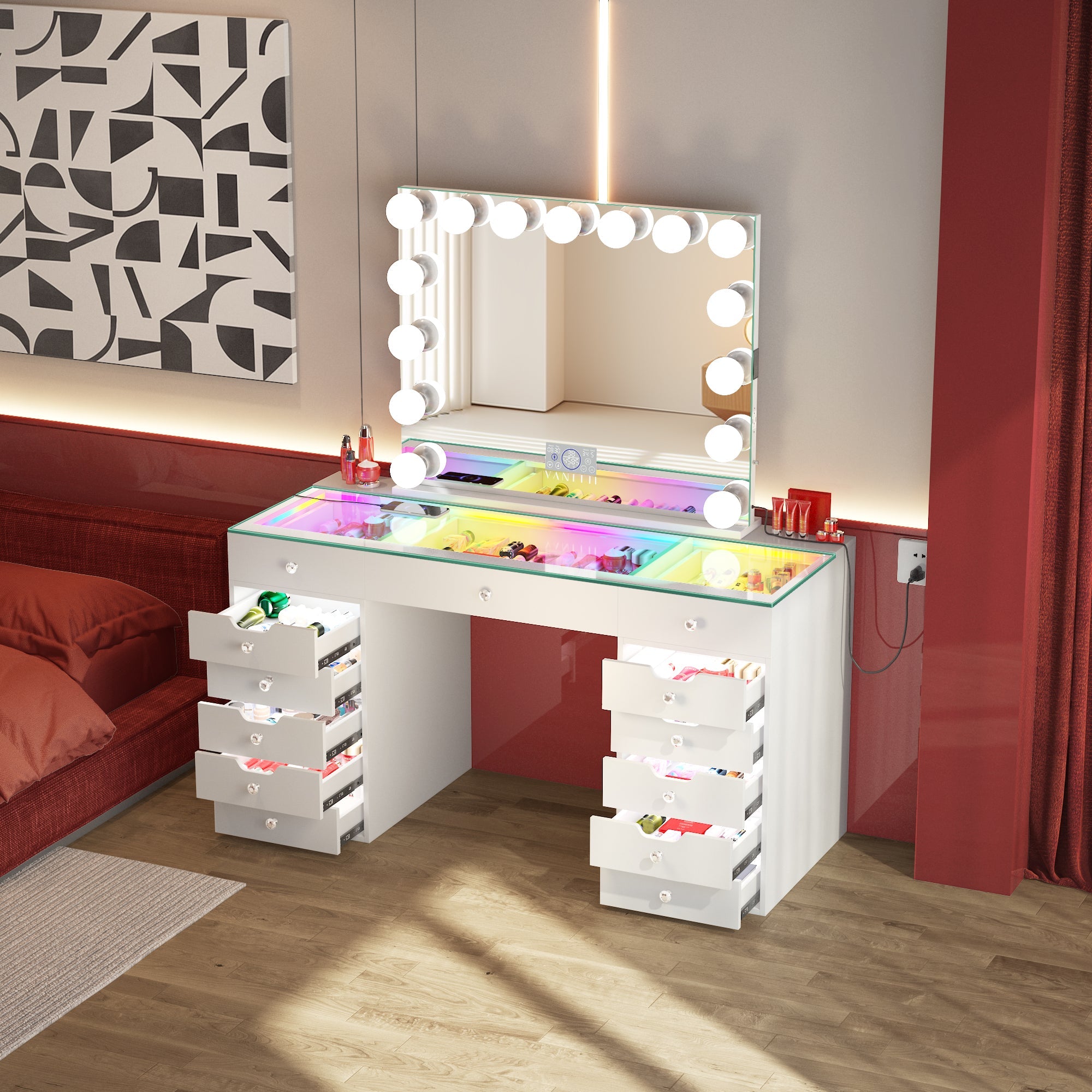 VANITII Eva Vanity Desk - 13 Storage Drawers with Full Light &RGB