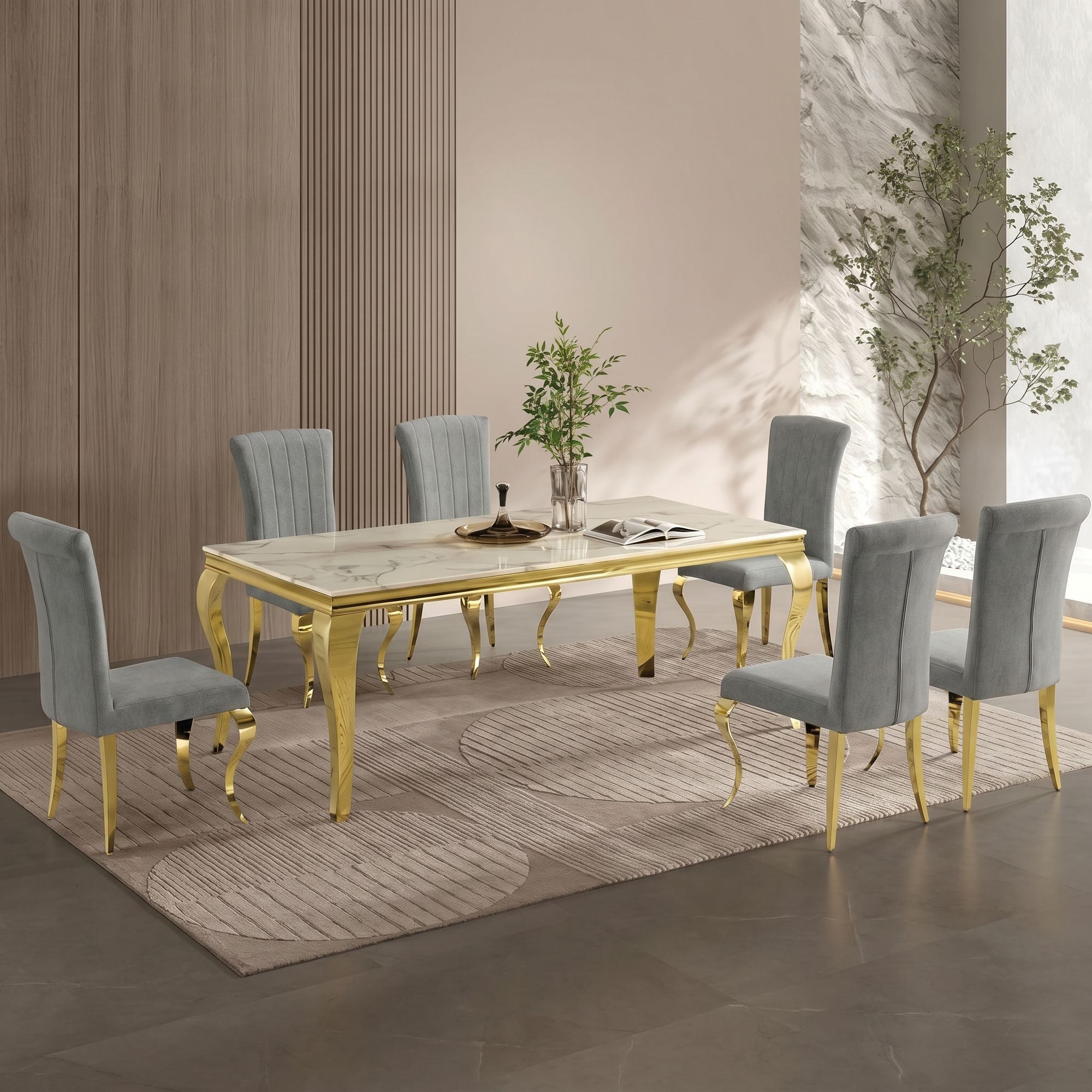 Gold Stainless Steel Marble Dining Table, Luxury Curved Leg Dining Room Table, 6 Seater Kitchen Dinner Table