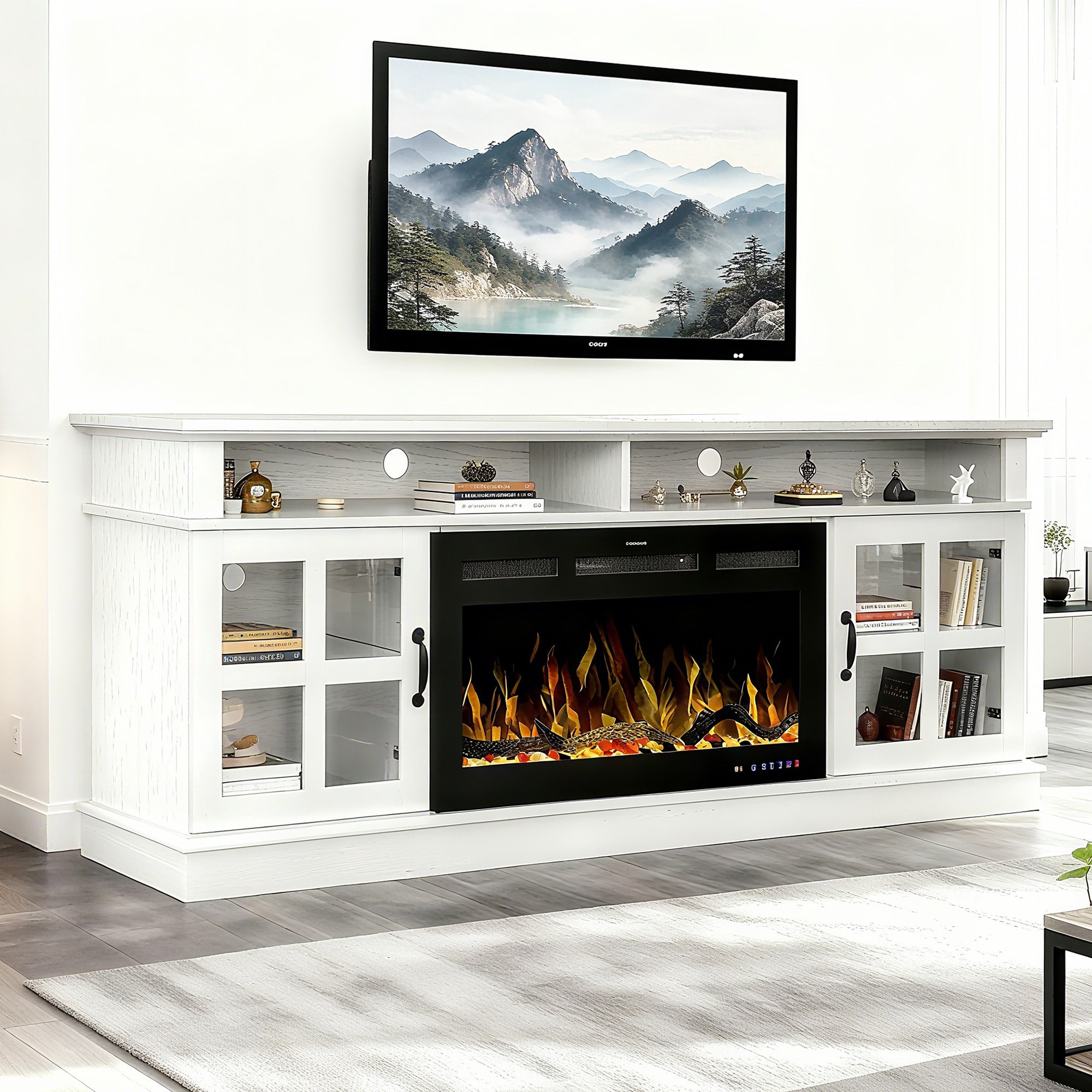 72” White Ash Wood Veneer Fireplace TV Stand with Bluetooth