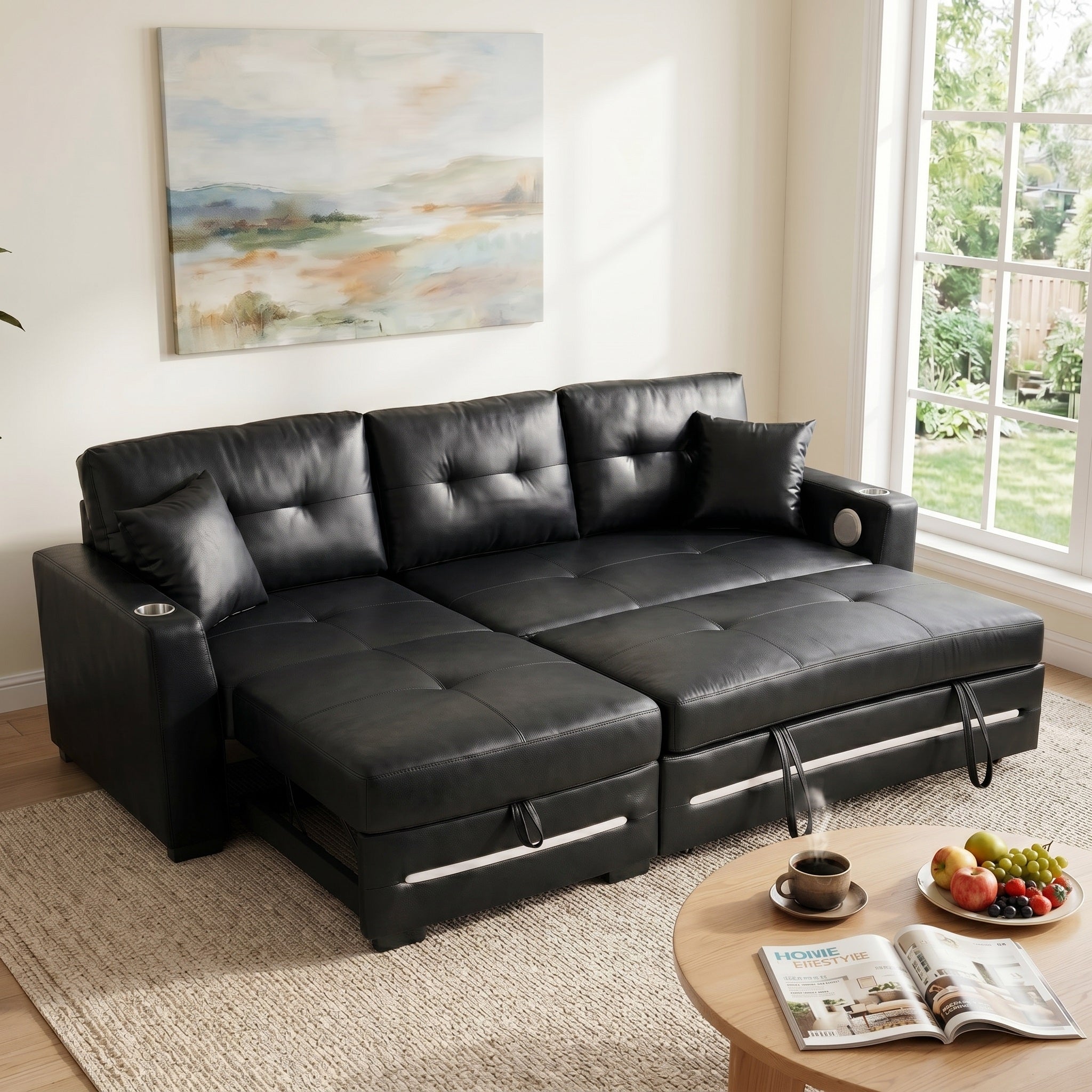 Modern L-Shaped Sectional Sofa Bed with Storage & Pull-Out Bed – Black Fabric Left Chaise