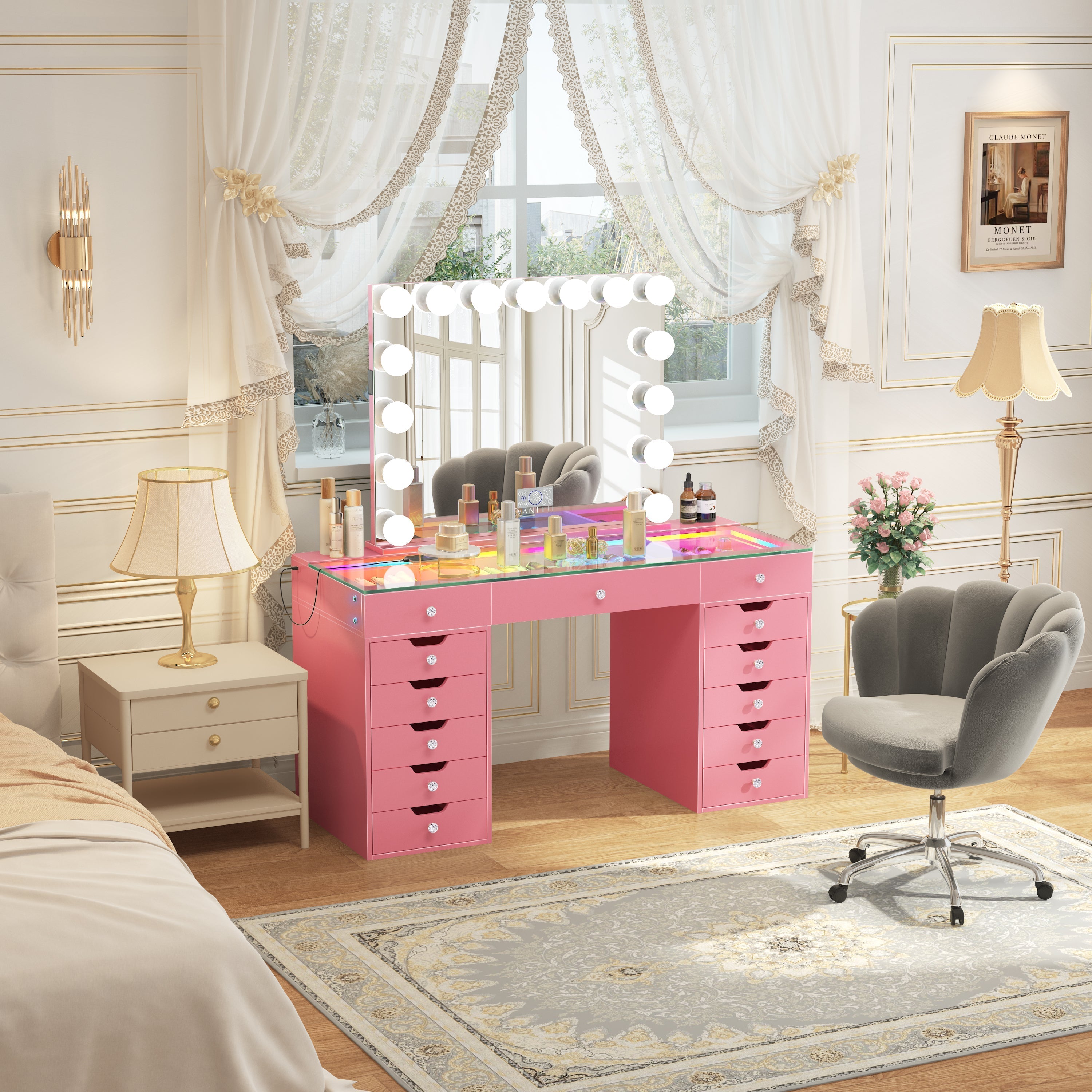 Eva-RGB Vanity Desk Set with 15 Bulbs Mirror