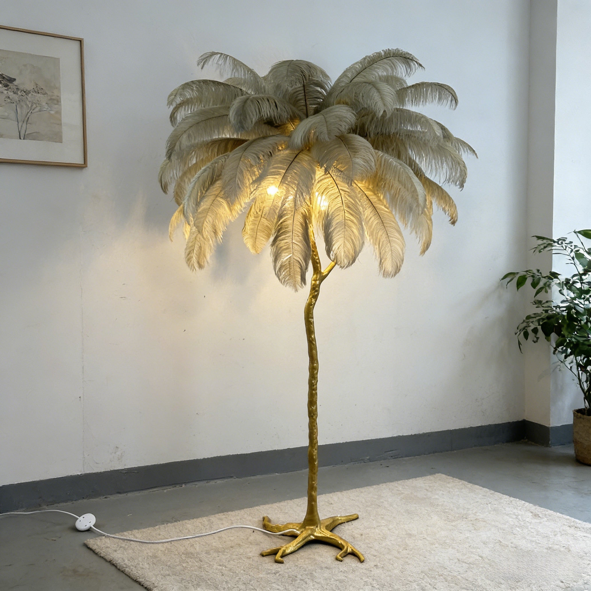 Ostrich Feather Floor Lamp | Golden 4-Light Branch camel color