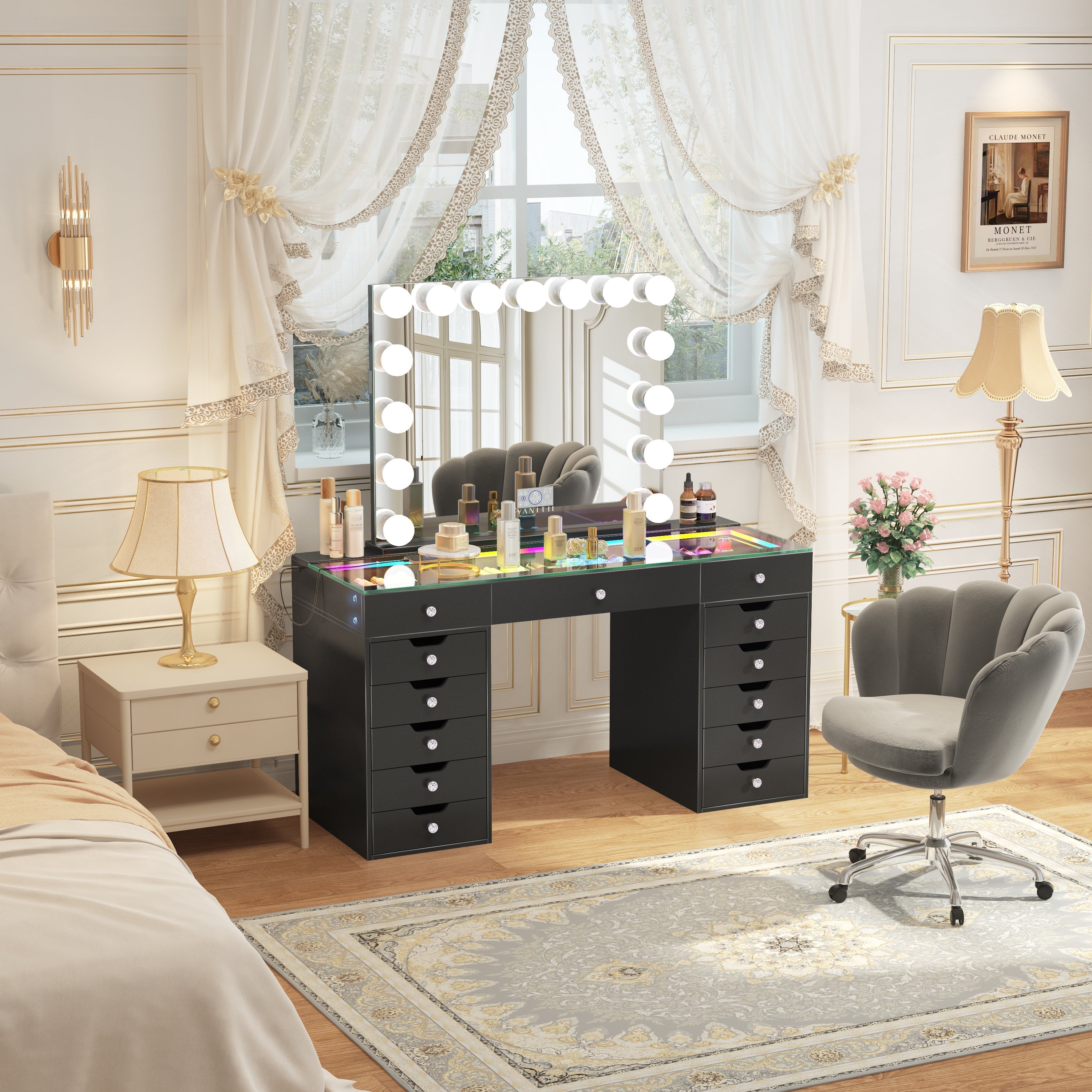 Eva-RGB Vanity Desk Set with 15 Bulbs Mirror