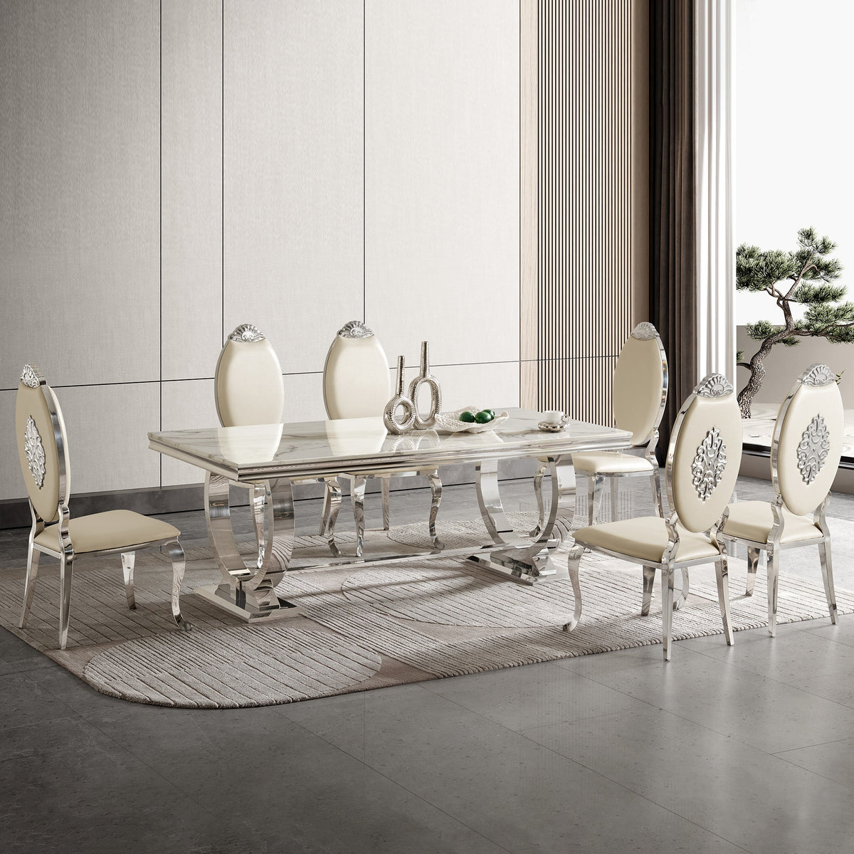 Modern Rectangular Dining Table with Marble Top & 201# Stainless Steel Base, Luxury U-Shape Frame Kitchen Table for 6-8 People