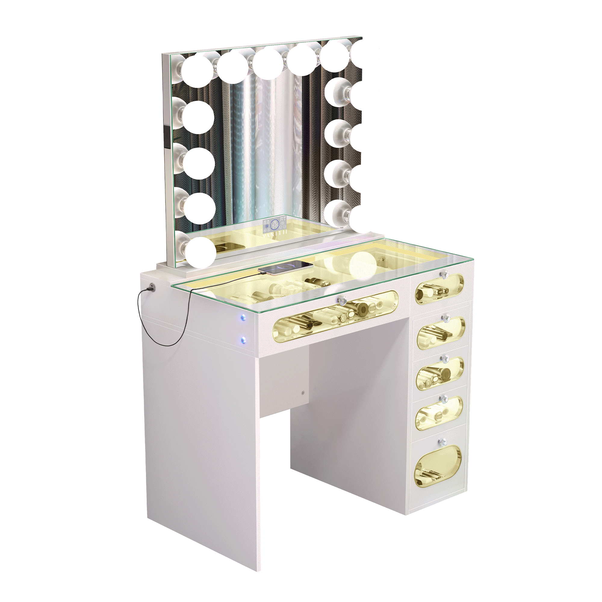 VANITII 6 Glass Fronted Drawers Vanity Desk with Marilyn Vanity Mirror