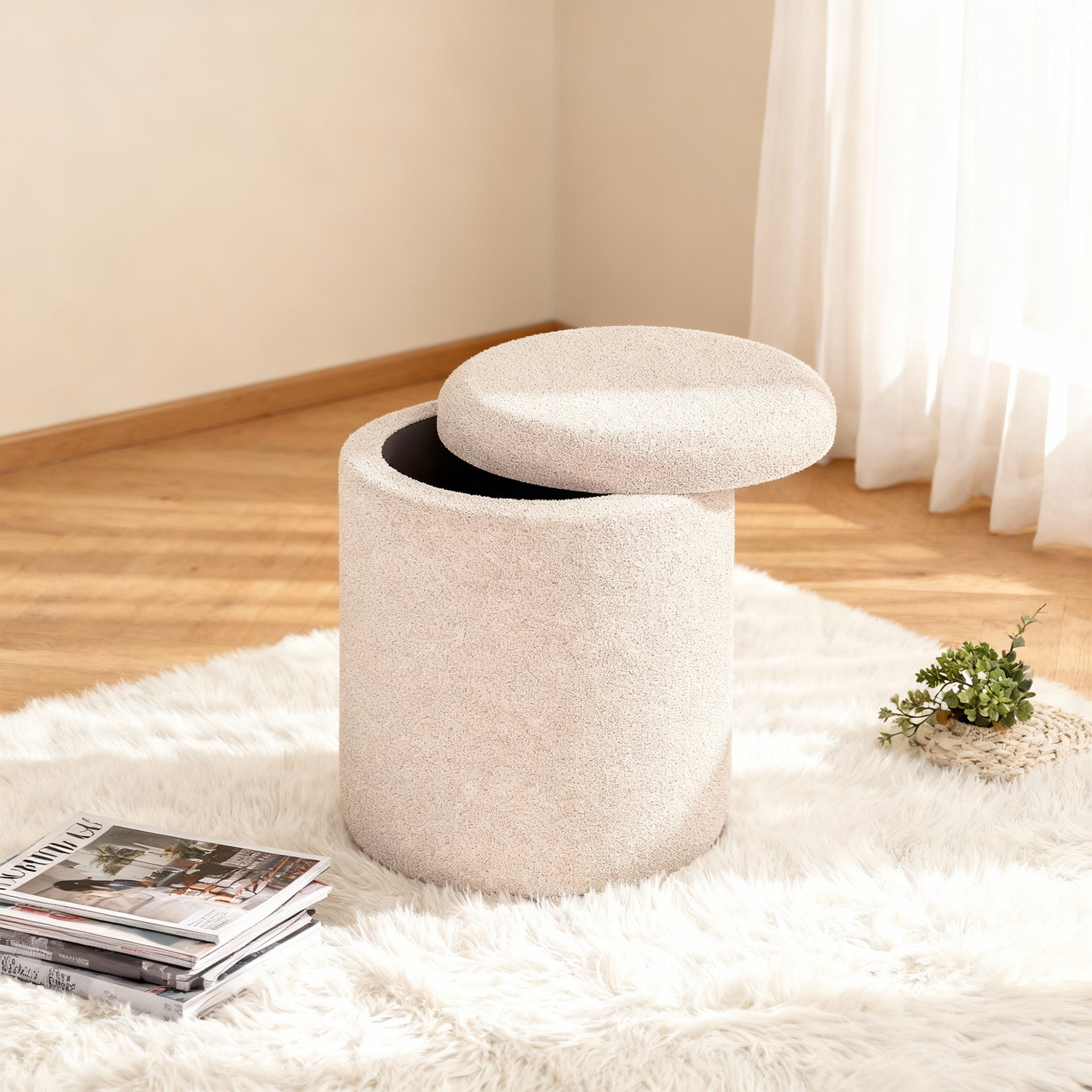 VANITII White Lambswool Storage Stool is placed in the bedroom,being both beautiful and practical.