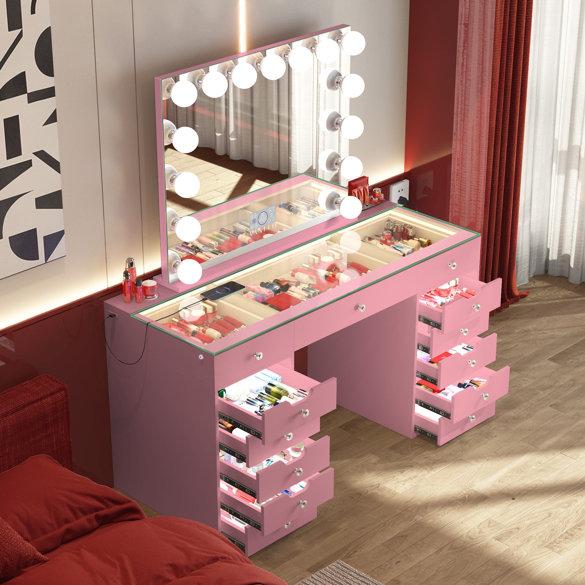 Promotion ! VANITII Eva Vanity Desk with Lights and 15 bulbs Vanity Mirror