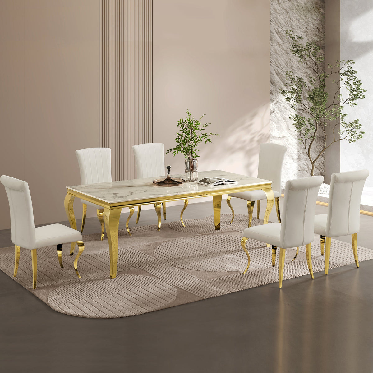 Gold Stainless Steel Marble Dining Table, Luxury Curved Leg Dining Room Table, 6 Seater Kitchen Dinner Table