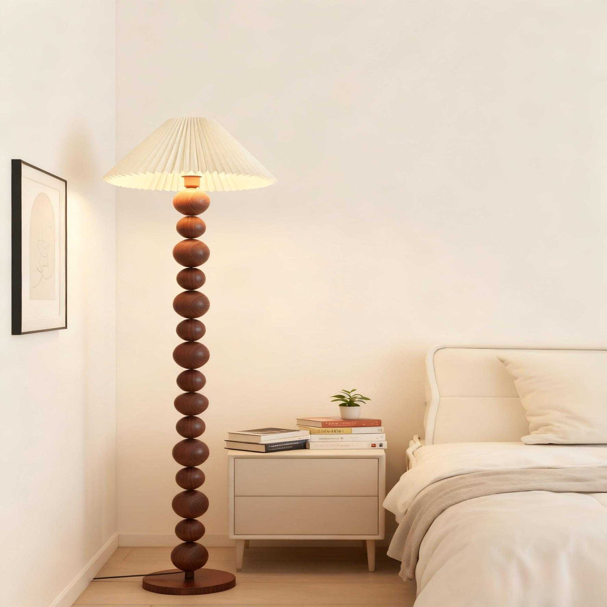 Walnut Floor Lamp with Ball Beads & Pleated Shade - Warm Light for Rustic Décor
