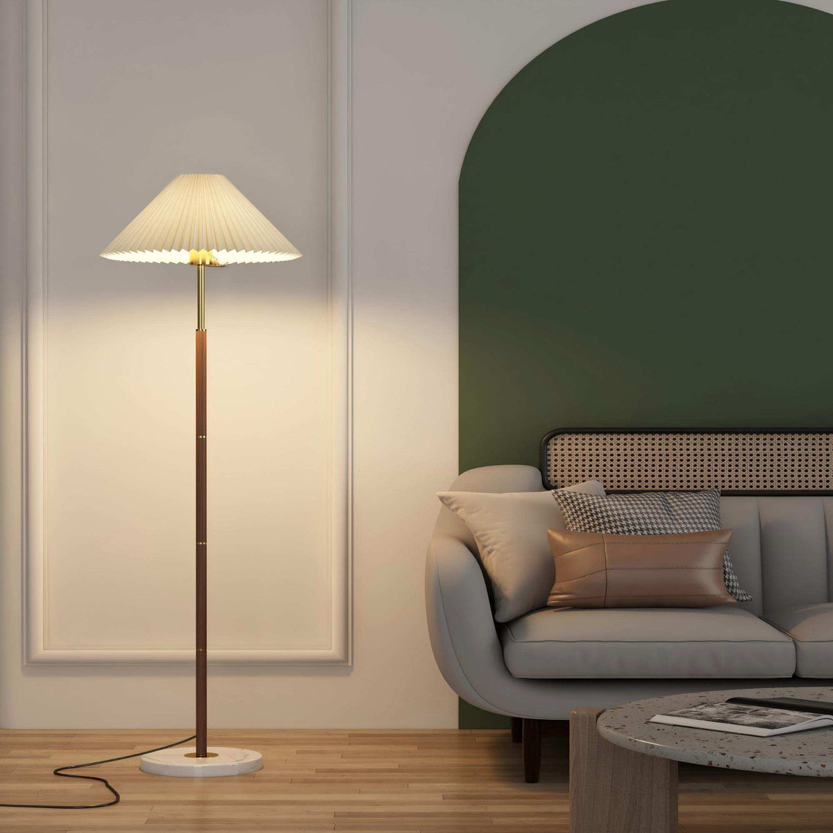 Wood & Gold Pleated Floor Lamp – retro-chic standing light, fits modern or mid-century spaces