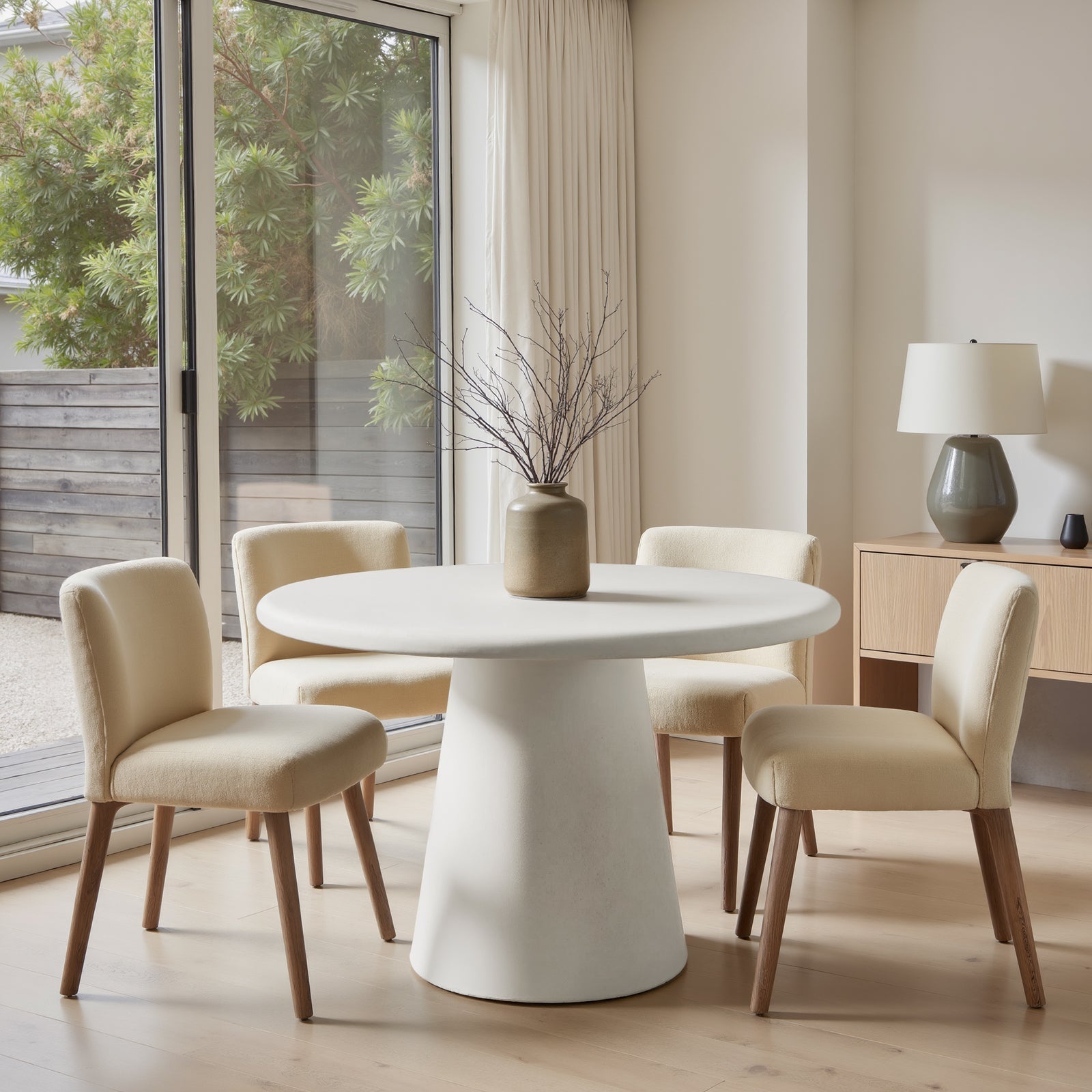 45″Round Dining Table with Cement Finished Top, Beautiful Cylindrical Base