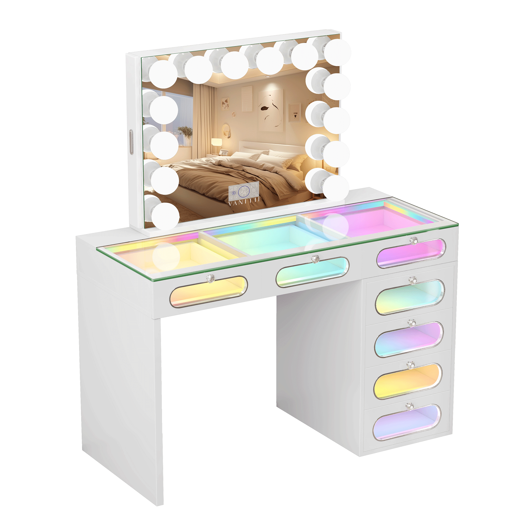 VANITII 7 Glass Fronted Drawers with Hollywood Vanity Mirror
