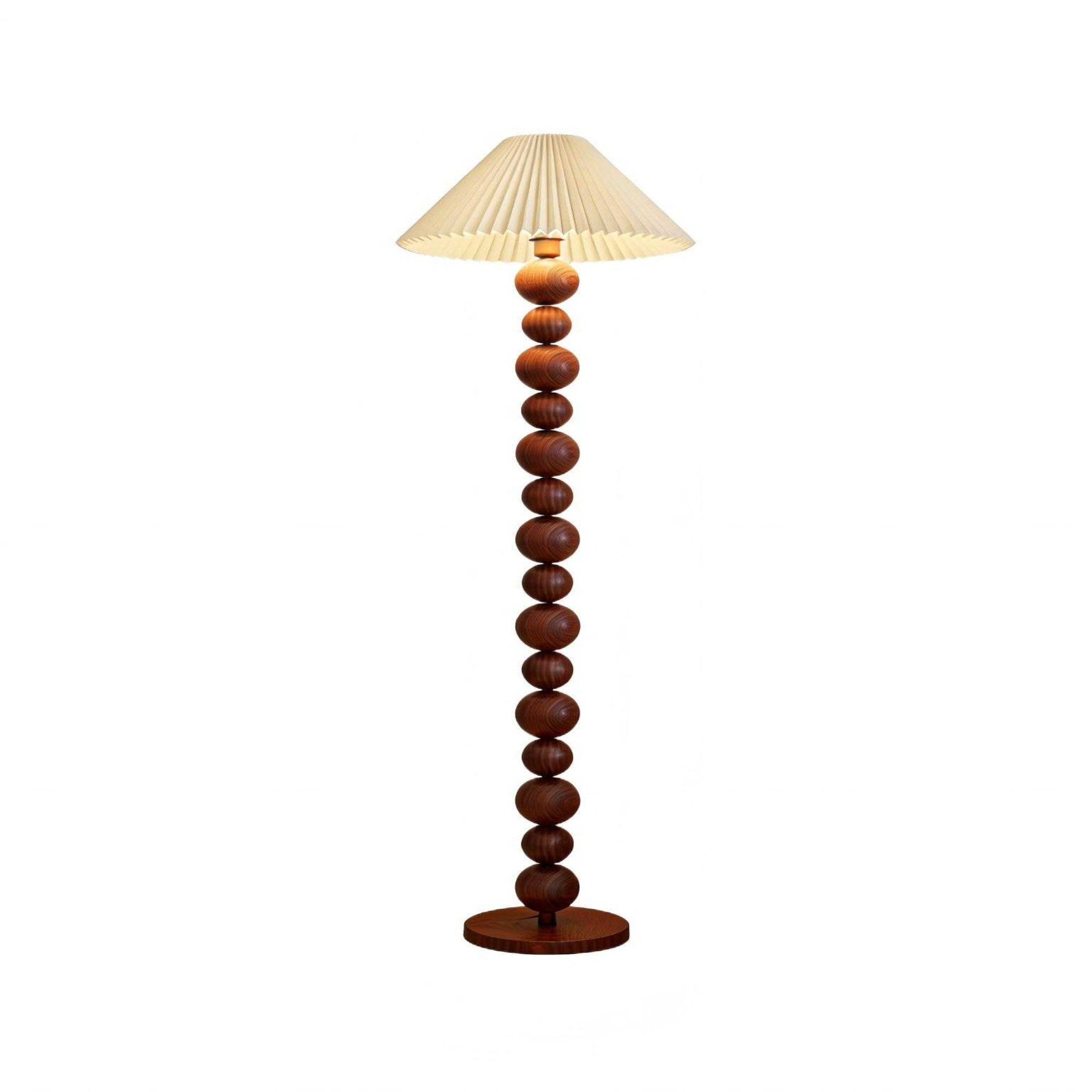 Walnut Floor Lamp with Ball Beads & Pleated Shade - Warm Light for Rustic Décor