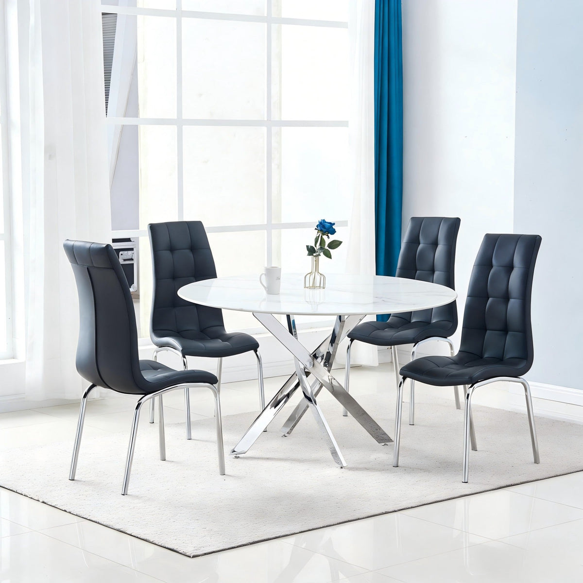 Round Dining Table Glass with Marble look Finish