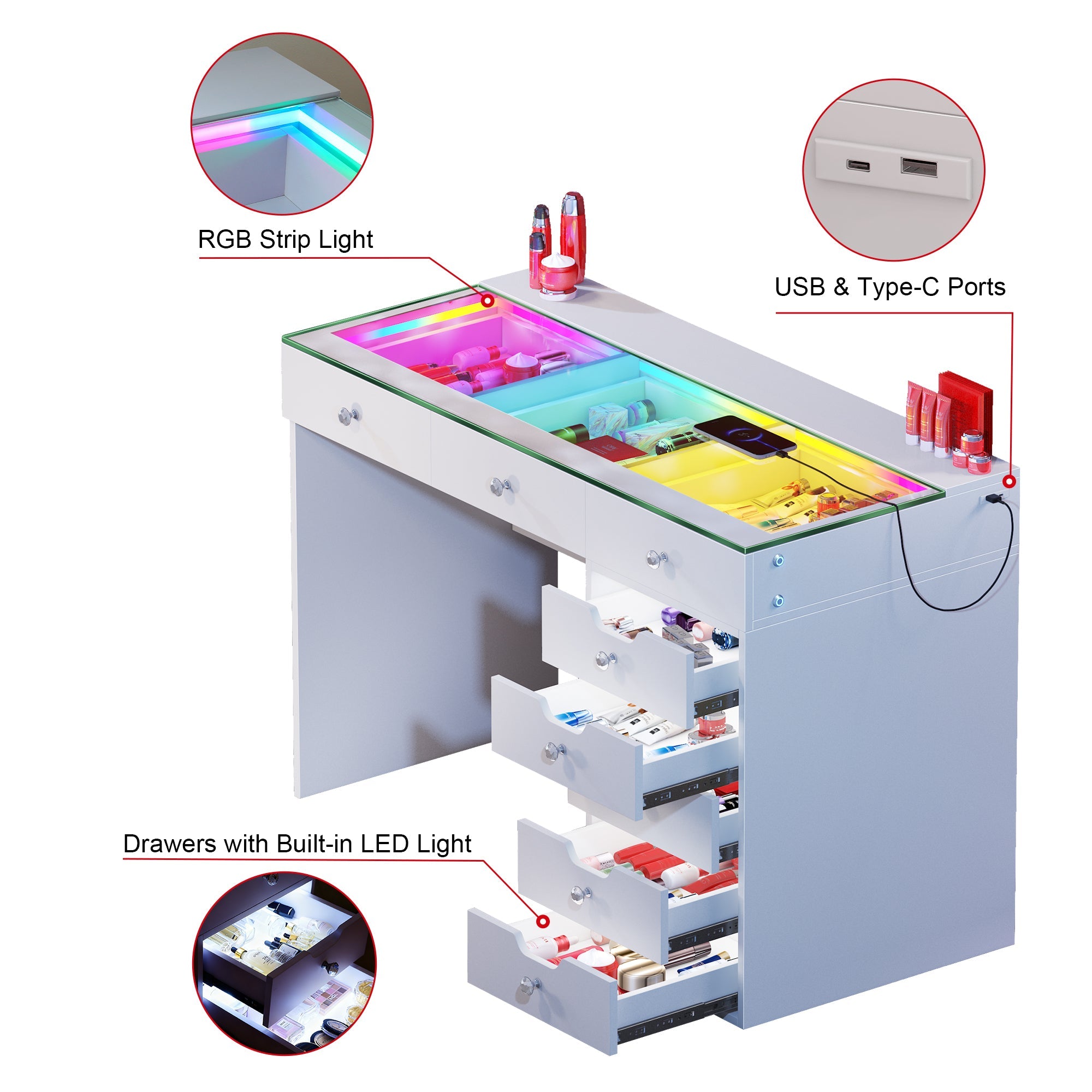 VANITII Diana RGB Vanity Desk with Light - 8 Storage Drawers