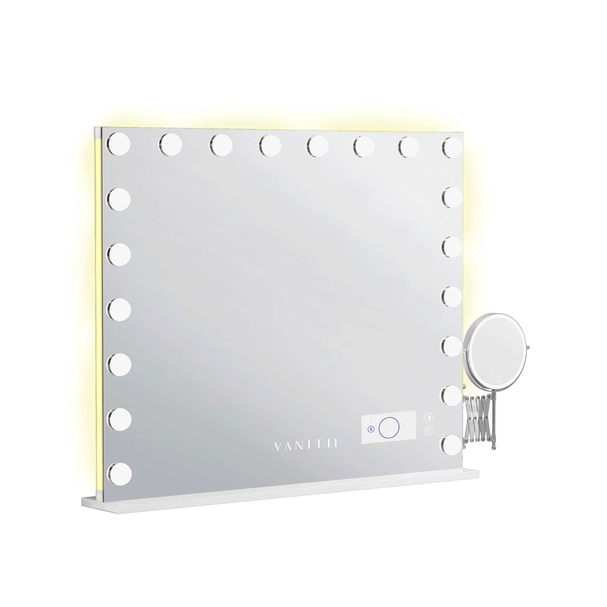 VANITII Hollywood 20 Bulbs Light Mirror features touch sensor control,10X extendable LED magnifier,built-in Bluetooth speaker and RGB lighting.