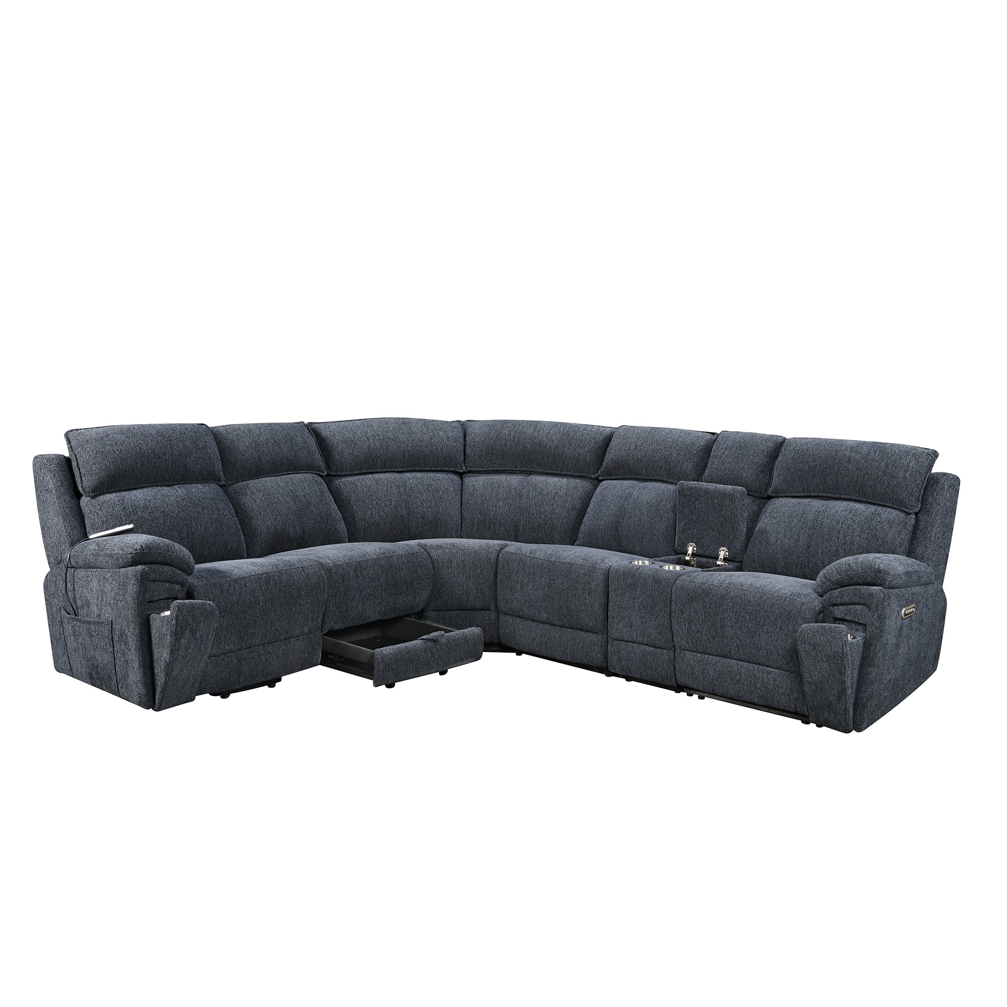wide-angle blue power recliner sectional sofa for furniture store floor presentation