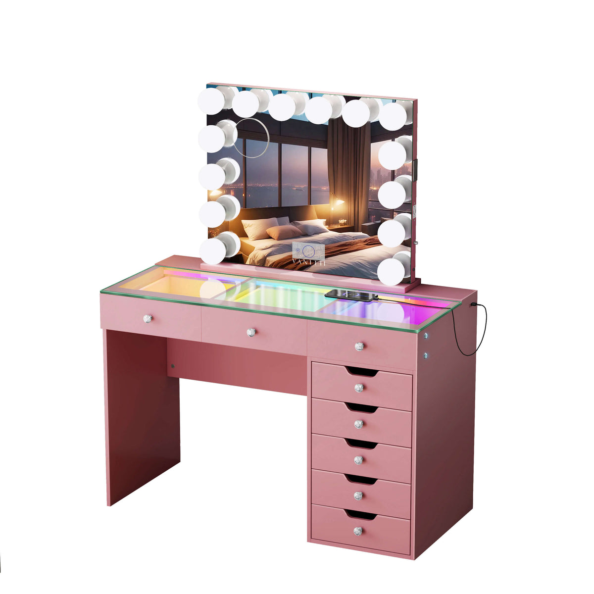 VANITII Diana Vanity Desk Set- 8 Storage Drawers with Vanity Mirror